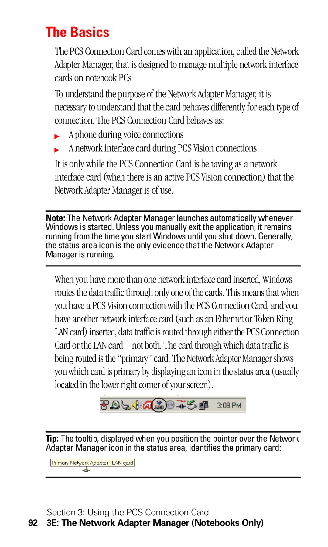 Sprint Nextel 550 manual Basics, 92 3E The Network Adapter Manager Notebooks Only 