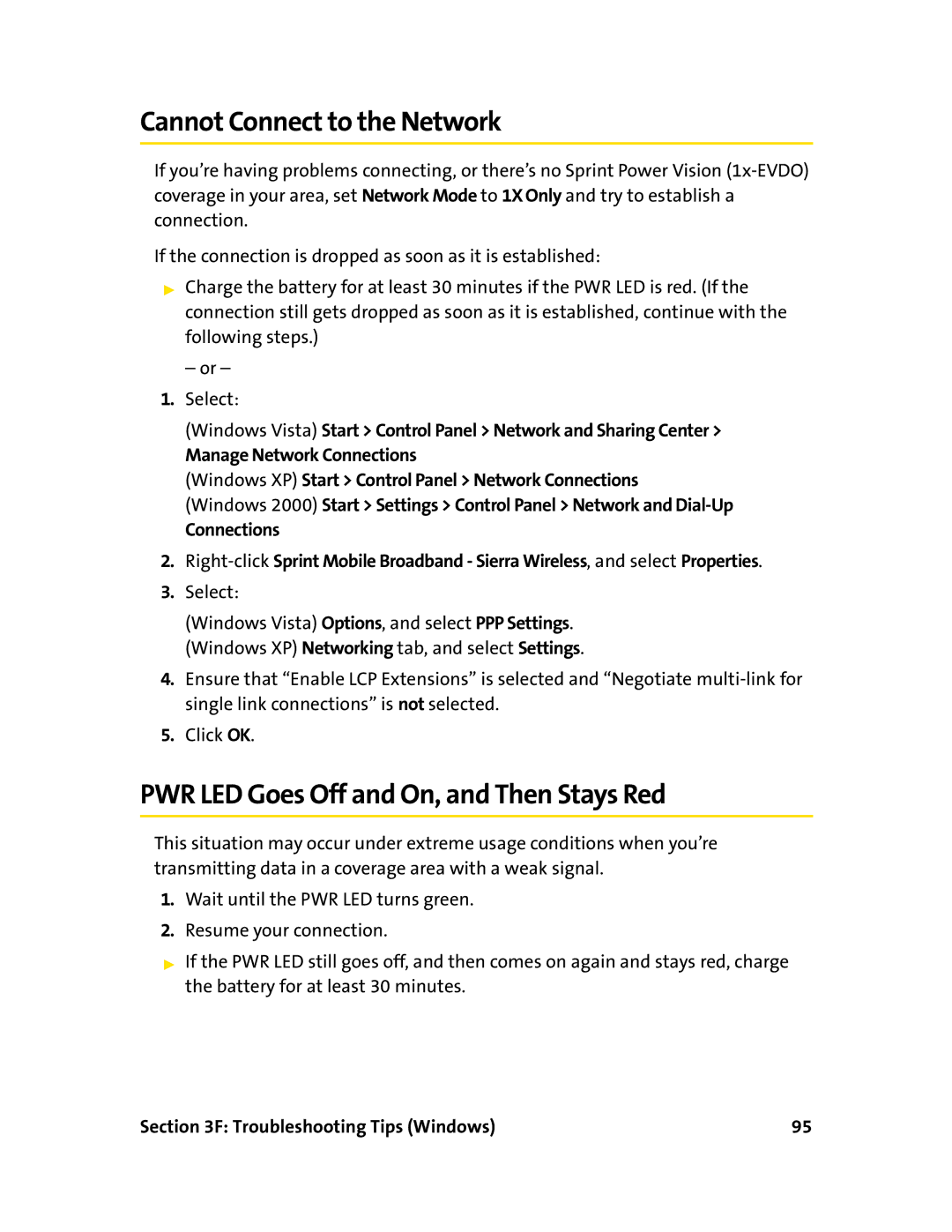 Sprint Nextel 595U manual Cannot Connect to the Network, PWR LED Goes Off and On, and Then Stays Red 