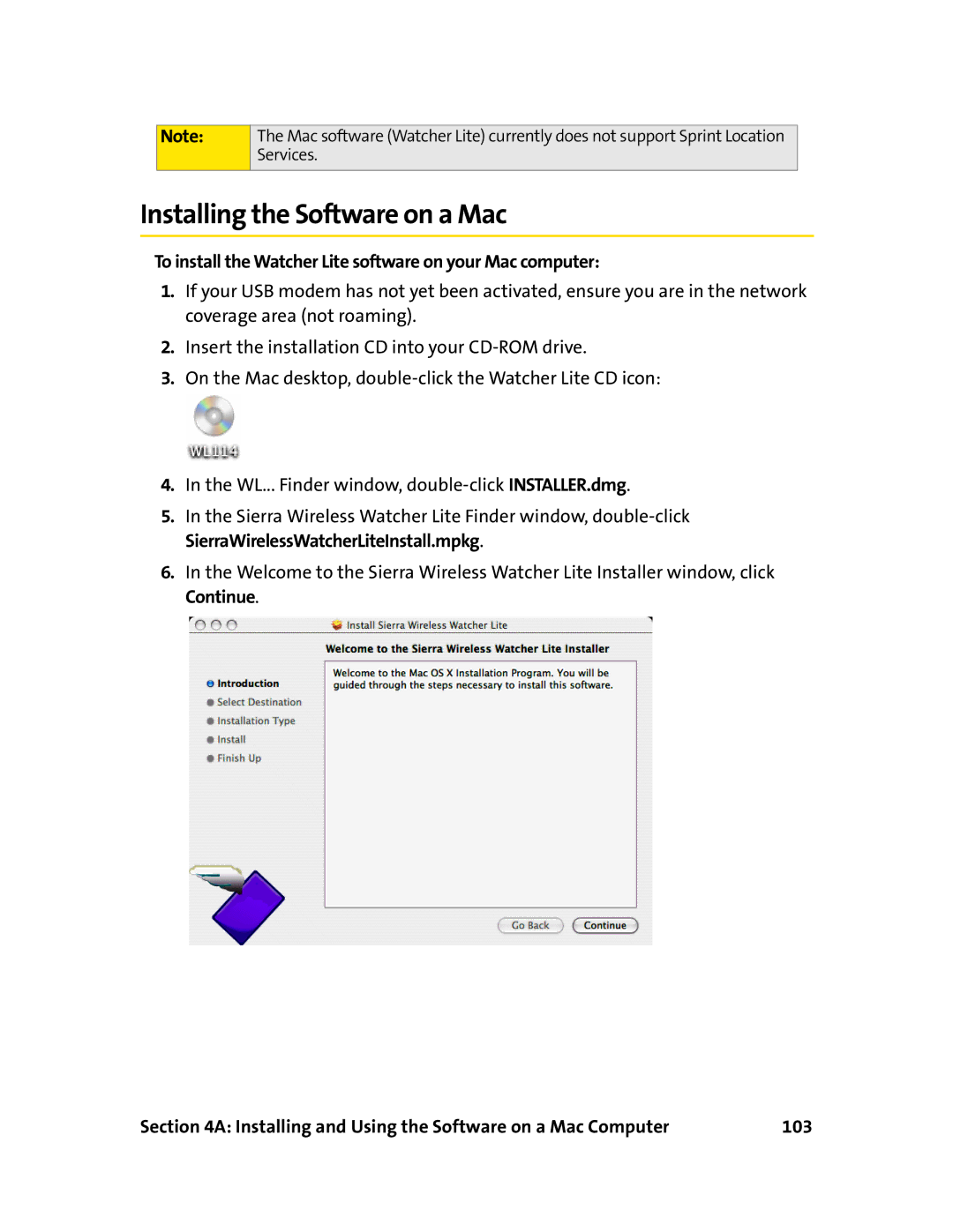 Sprint Nextel 595U manual Installing the Software on a Mac, To install the Watcher Lite software on your Mac computer 