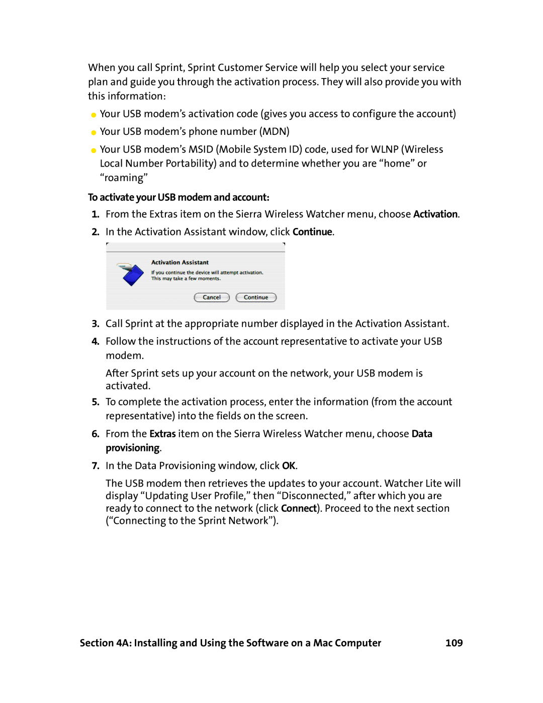 Sprint Nextel 595U manual To activate your USB modem and account, Installing and Using the Software on a Mac Computer 109 