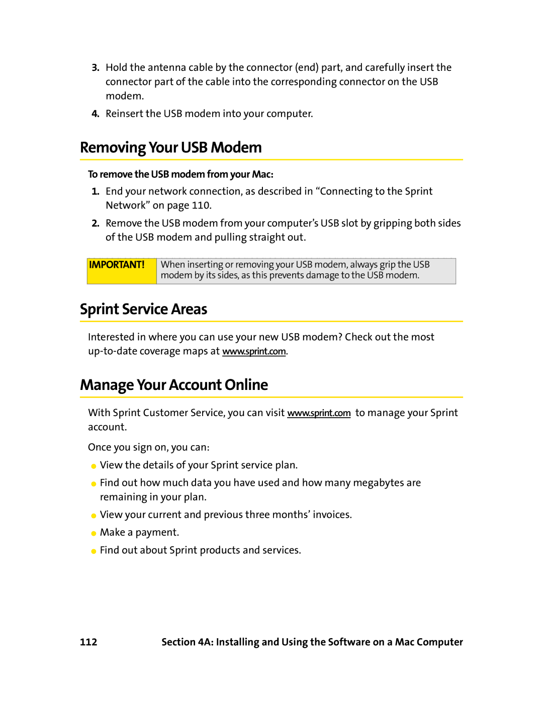 Sprint Nextel 595U manual Removing Your USB Modem, Sprint Service Areas Manage Your Account Online 