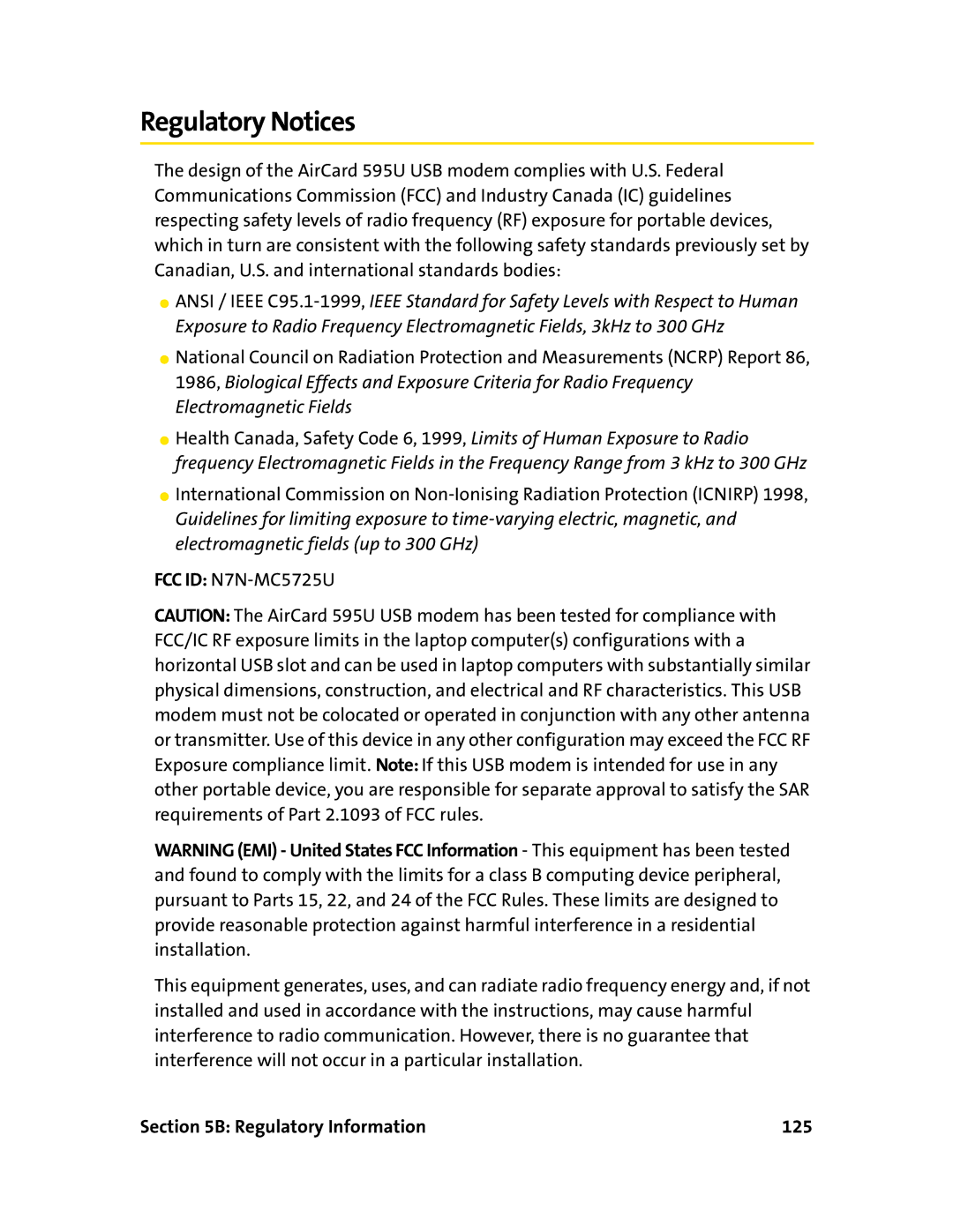 Sprint Nextel 595U manual Regulatory Notices, Regulatory Information 125 