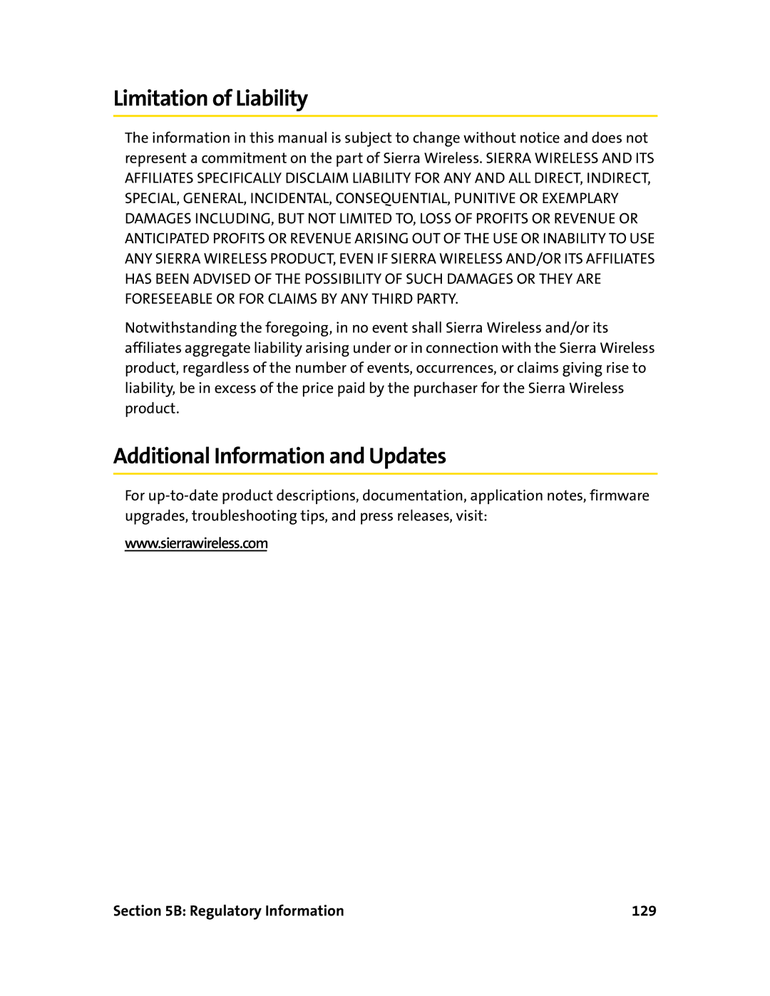 Sprint Nextel 595U manual Limitation of Liability, Additional Information and Updates, Regulatory Information 129 