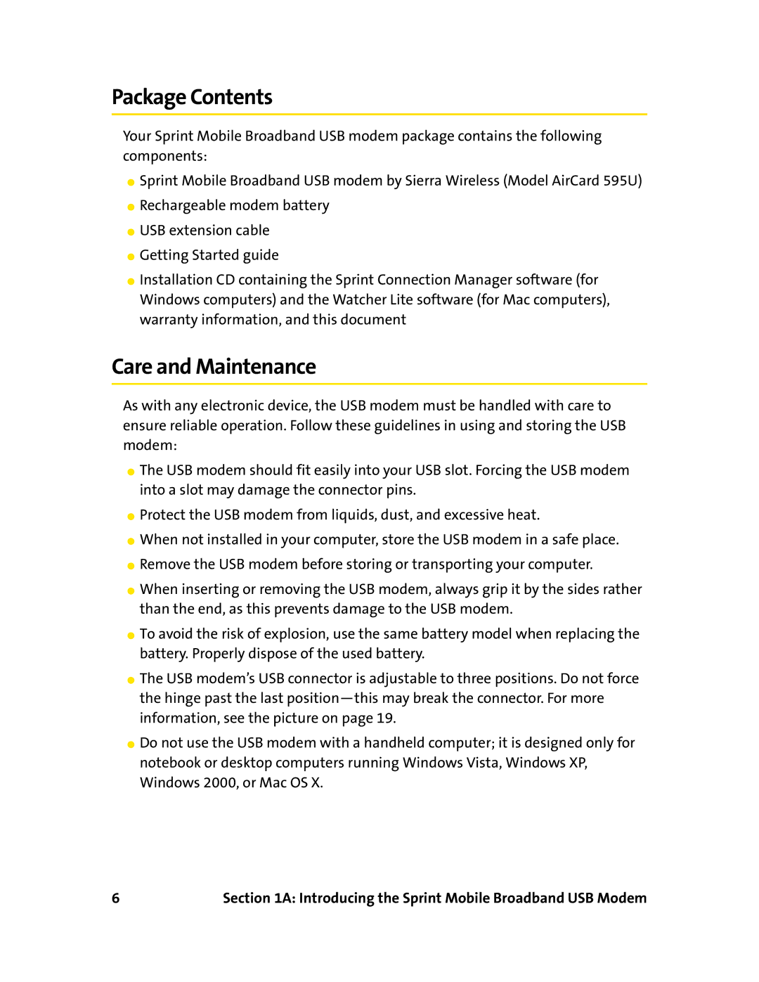 Sprint Nextel 595U manual Package Contents, Care and Maintenance 