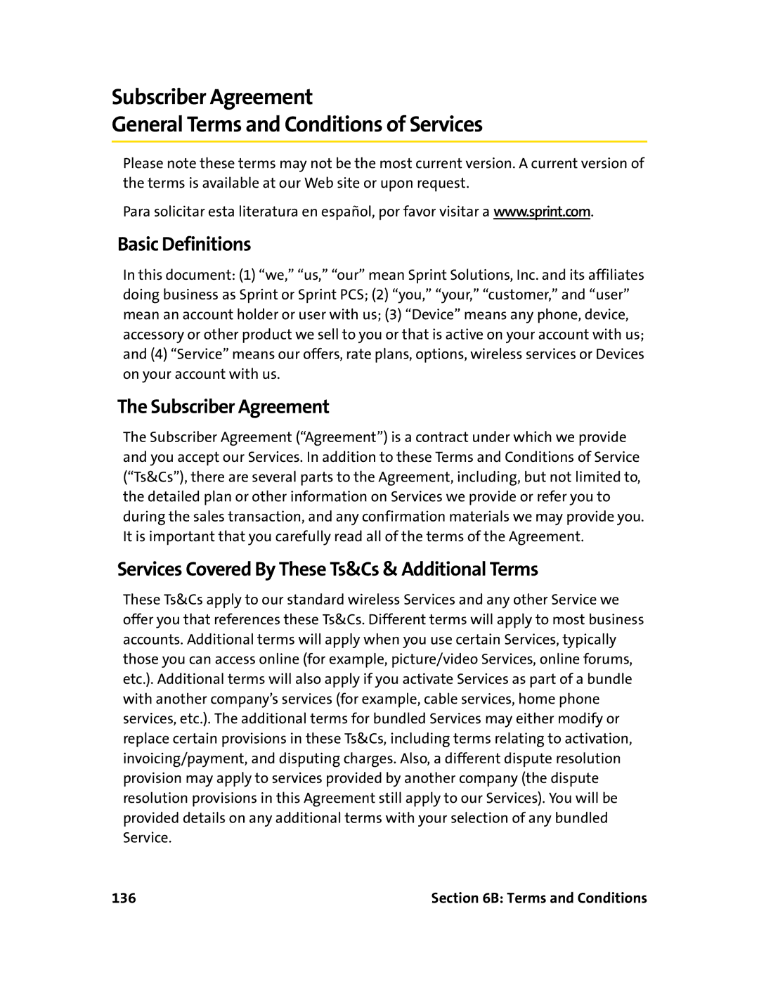 Sprint Nextel 595U manual Basic Definitions, Subscriber Agreement, Services Covered By These Ts&Cs & Additional Terms 