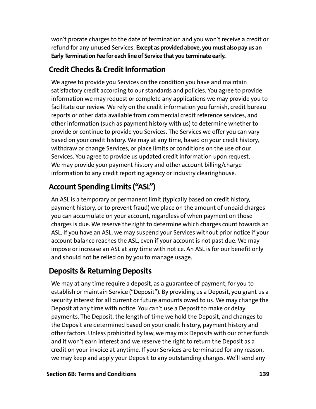 Sprint Nextel 595U manual Credit Checks & Credit Information, Account Spending Limits ASL, Deposits & Returning Deposits 