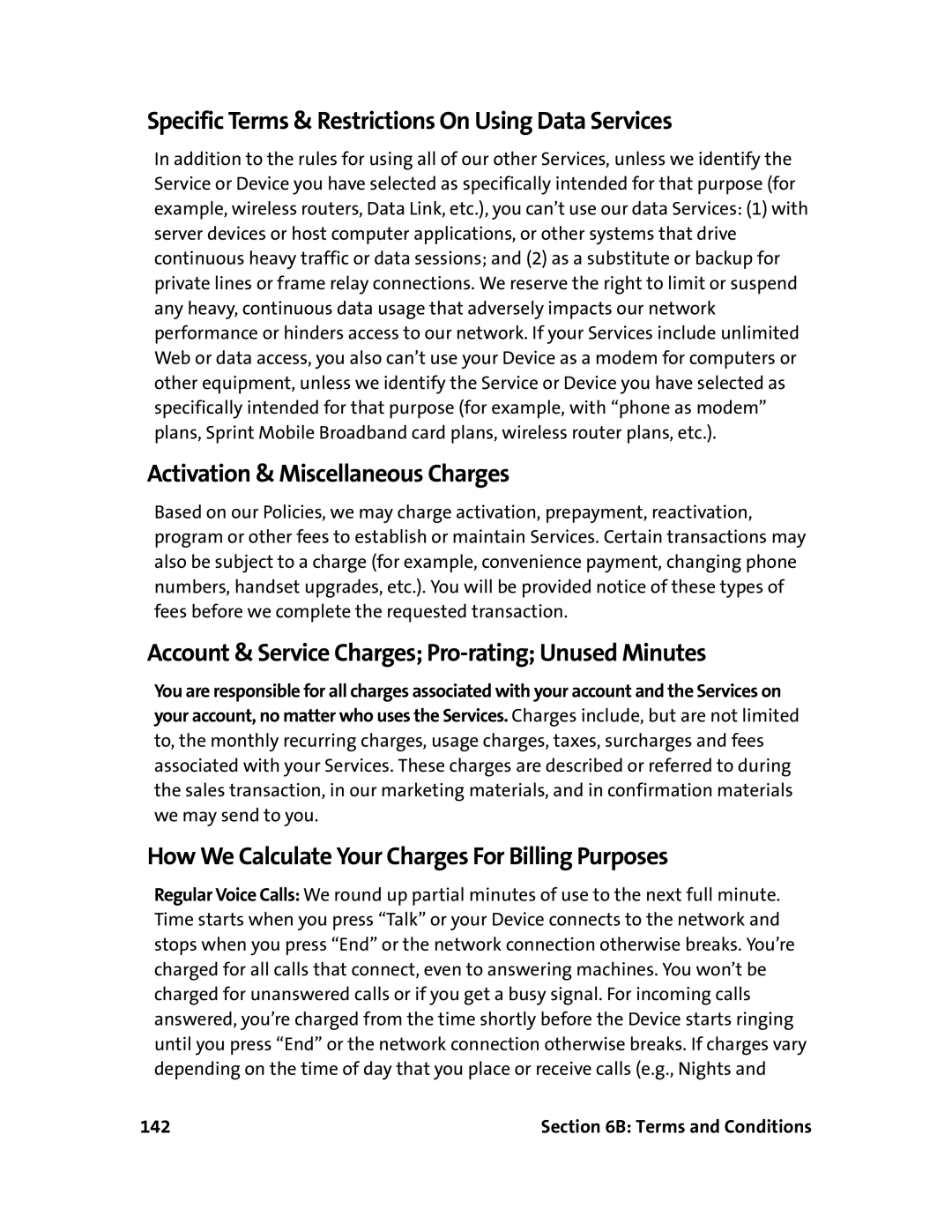 Sprint Nextel 595U manual Specific Terms & Restrictions On Using Data Services, Activation & Miscellaneous Charges 