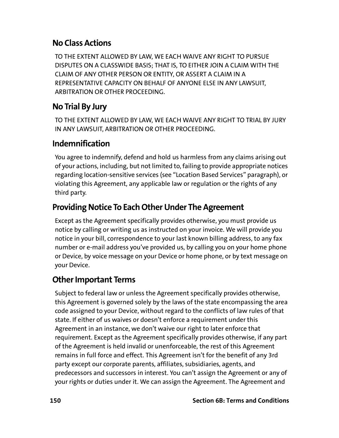 Sprint Nextel 595U No Class Actions, No Trial By Jury, Indemnification, Providing Notice To Each Other Under The Agreement 