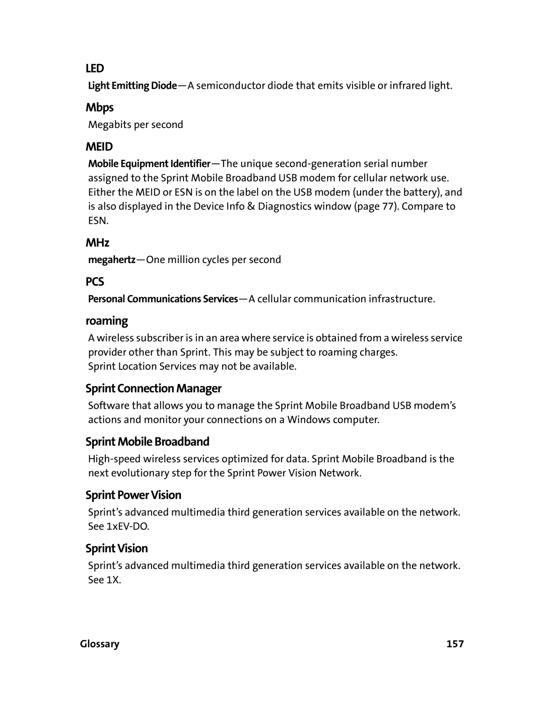 Sprint Nextel 595U manual Led, Glossary 157 