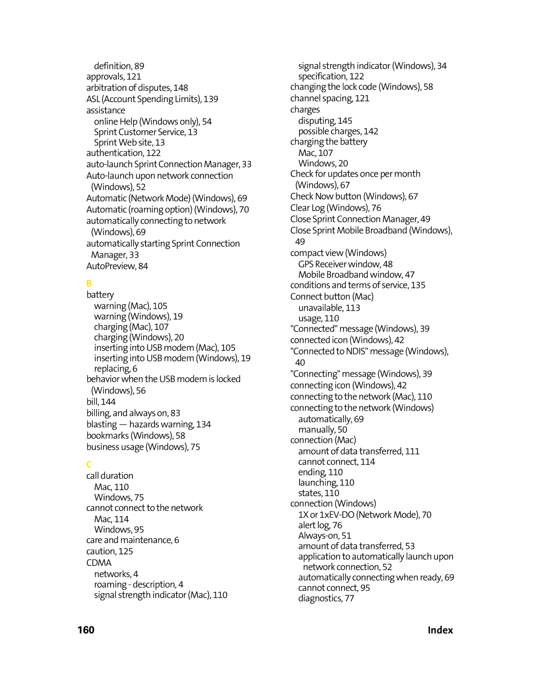 Sprint Nextel 595U manual 160, Index 