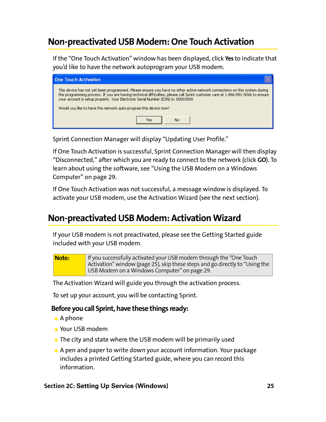 Sprint Nextel 595U manual Non-preactivated USB Modem One Touch Activation, Non-preactivated USB Modem Activation Wizard 