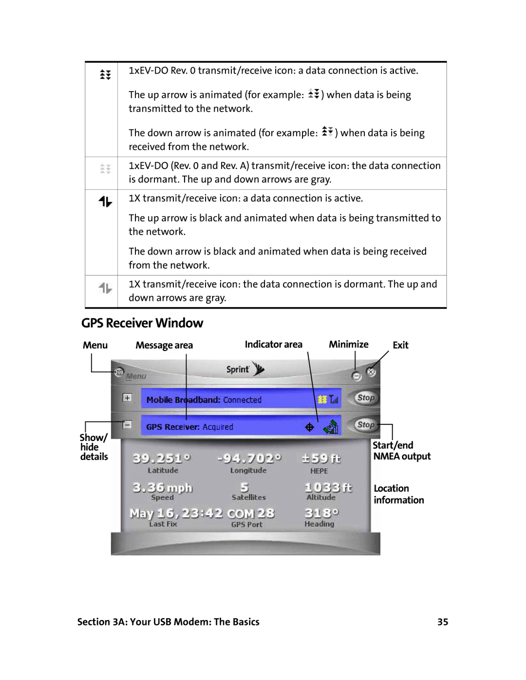 Sprint Nextel 595U manual GPS Receiver Window, Show Start/end Hide Details, Location, Information 