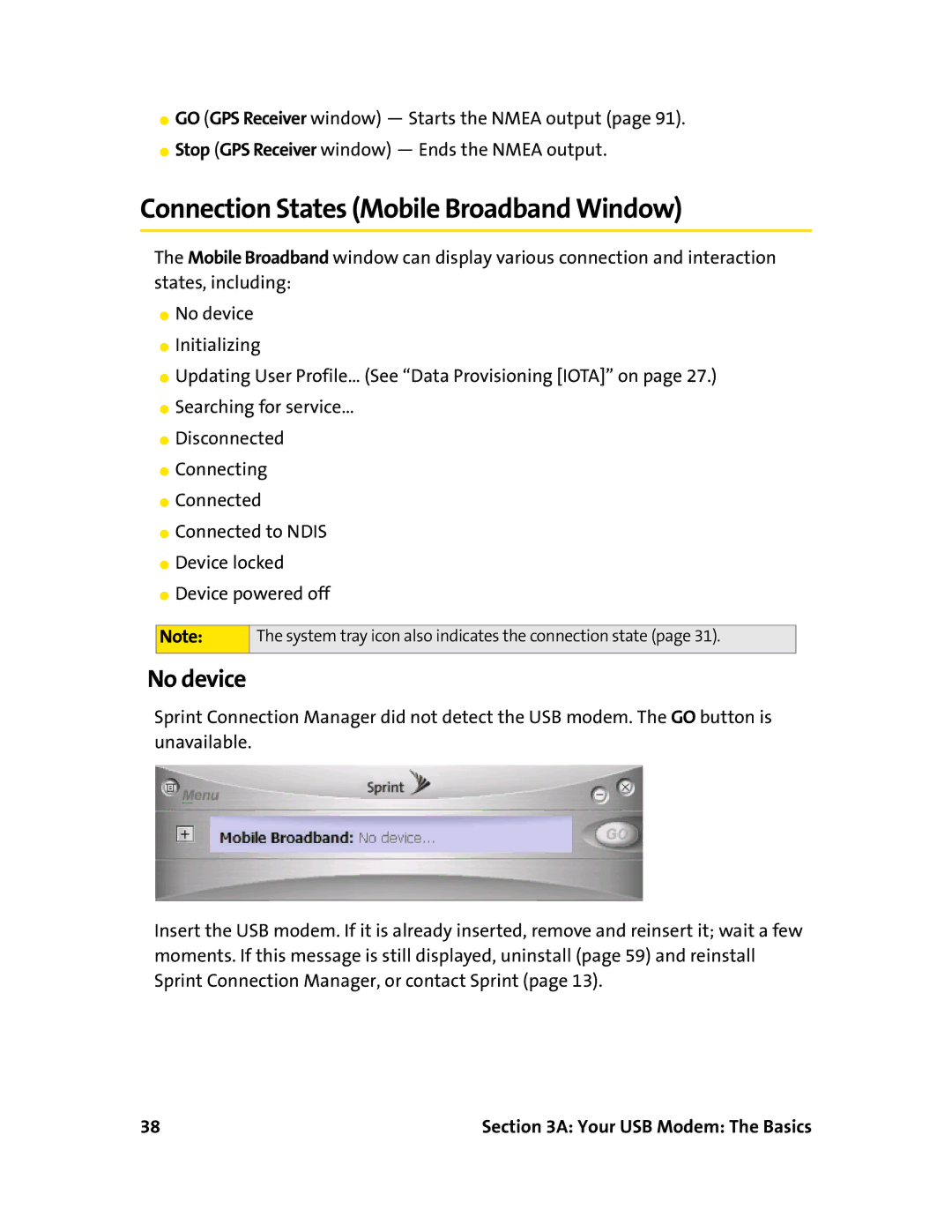 Sprint Nextel 595U manual Connection States Mobile Broadband Window, No device 