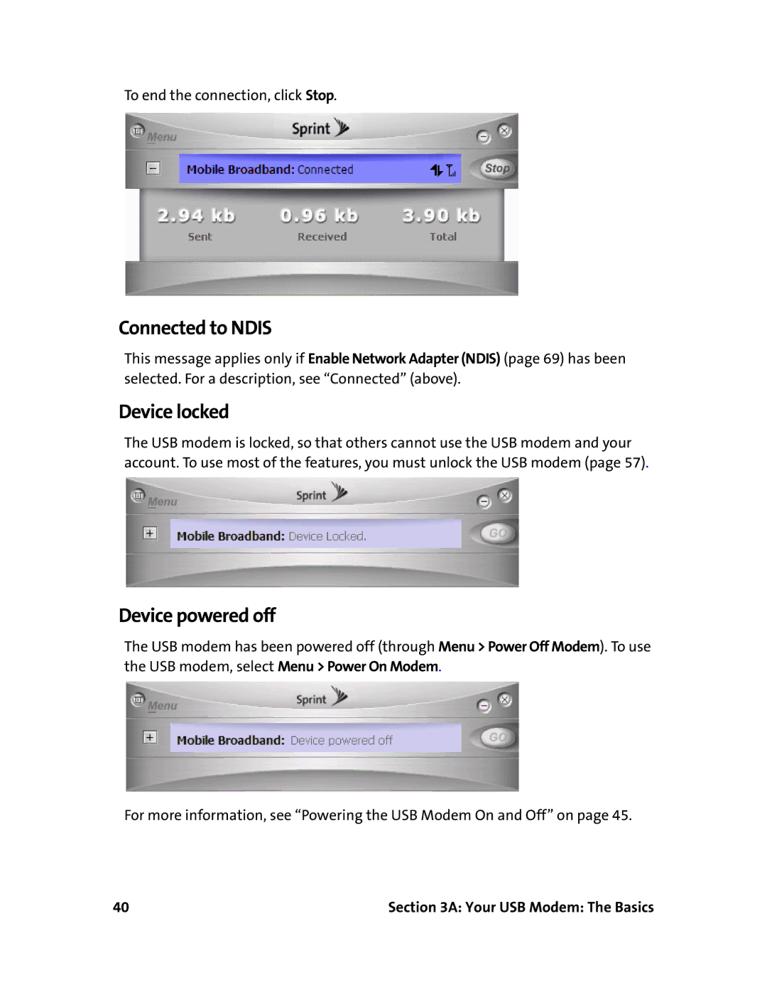 Sprint Nextel 595U manual Connected to Ndis, Device locked, Device powered off 