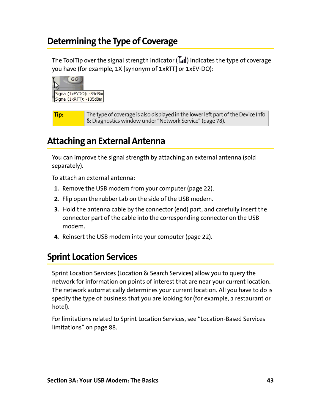 Sprint Nextel 595U manual Determining the Type of Coverage, Attaching an External Antenna, Sprint Location Services 