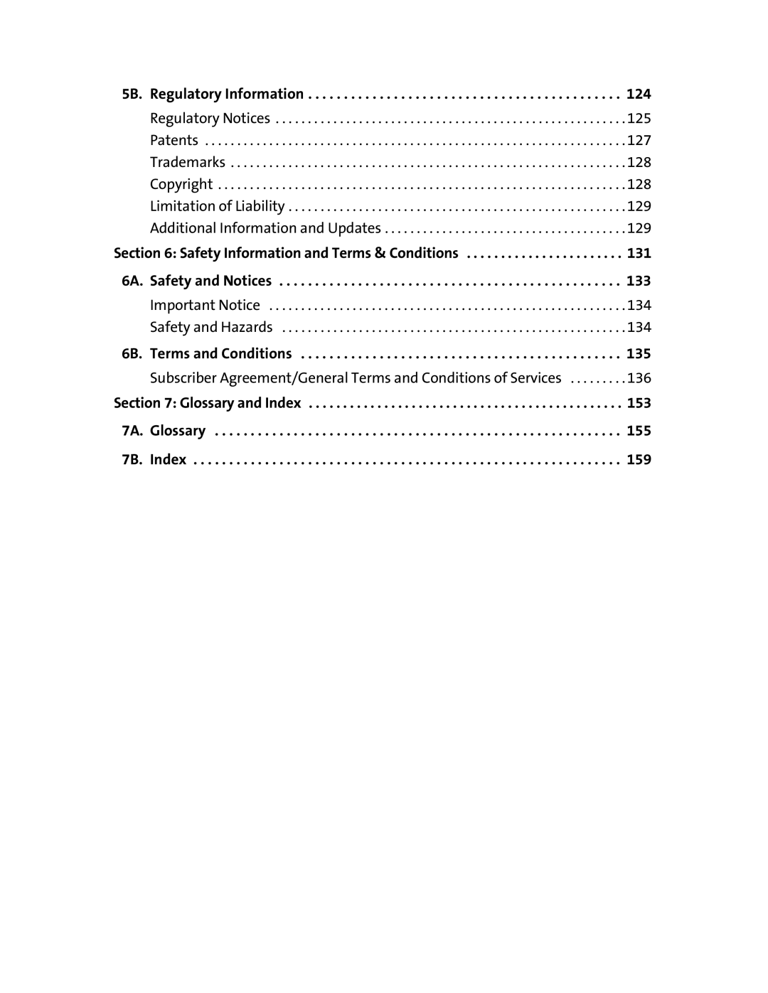 Sprint Nextel 595U manual 5B. Regulatory Information, 6B. Terms and Conditions, Glossary and Index 7A. Glossary 7B. Index 