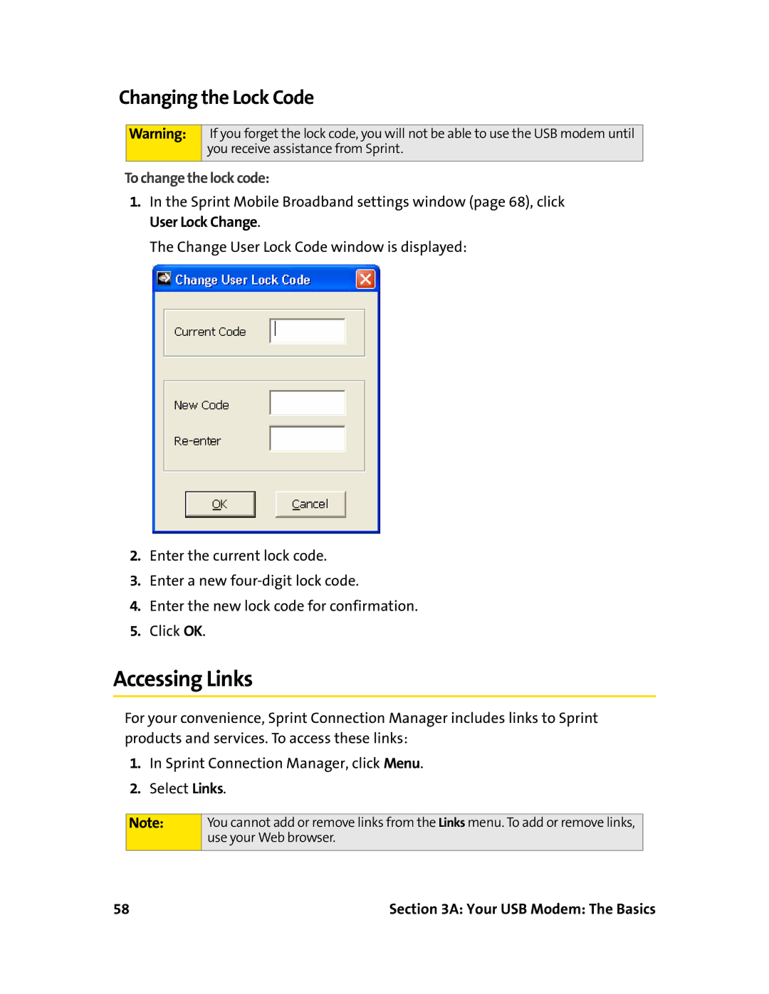 Sprint Nextel 595U manual Accessing Links, Changing the Lock Code, To change the lock code 