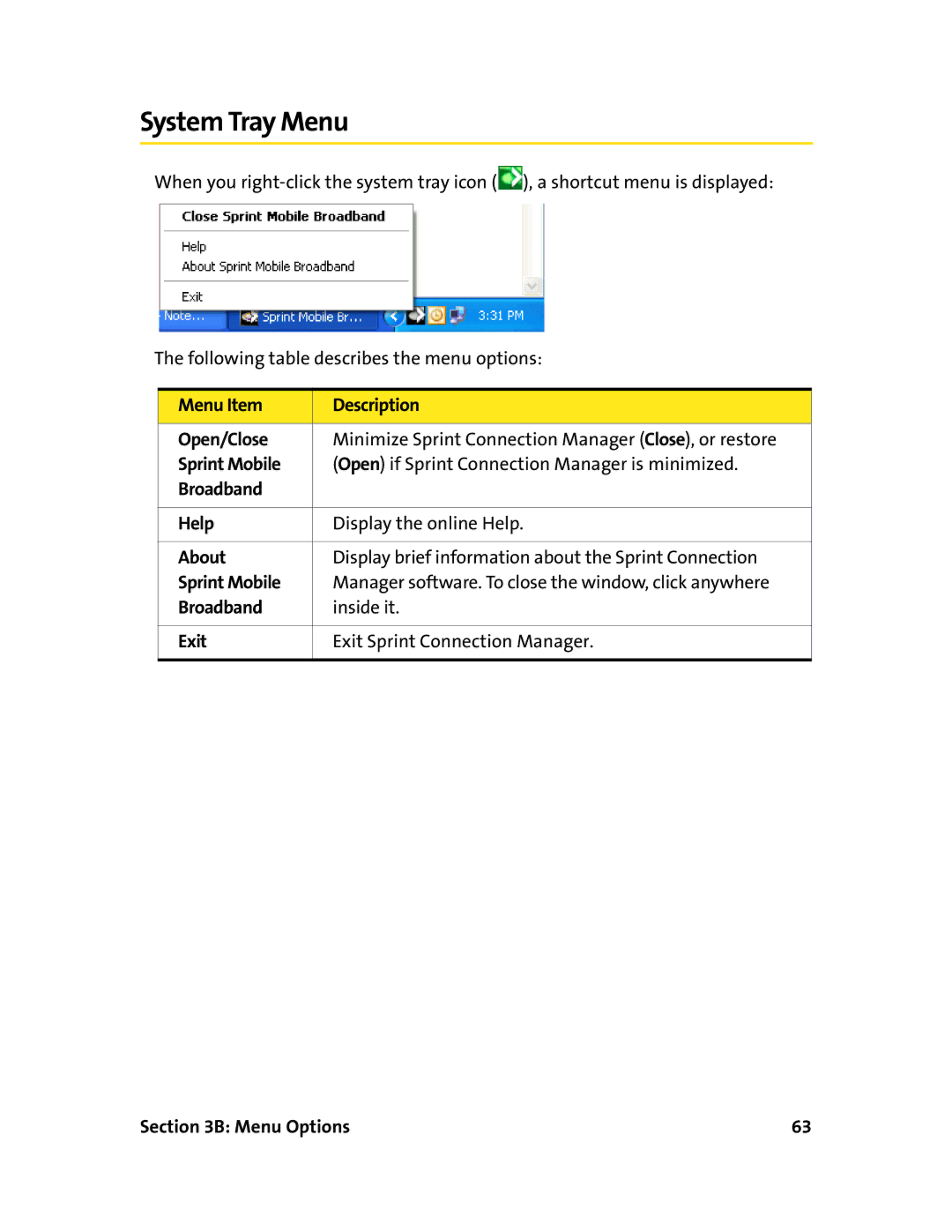 Sprint Nextel 595U manual System Tray Menu 