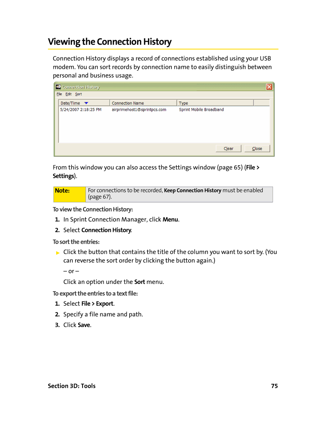 Sprint Nextel 595U manual Viewing the Connection History, To view the Connection History, To sort the entries 