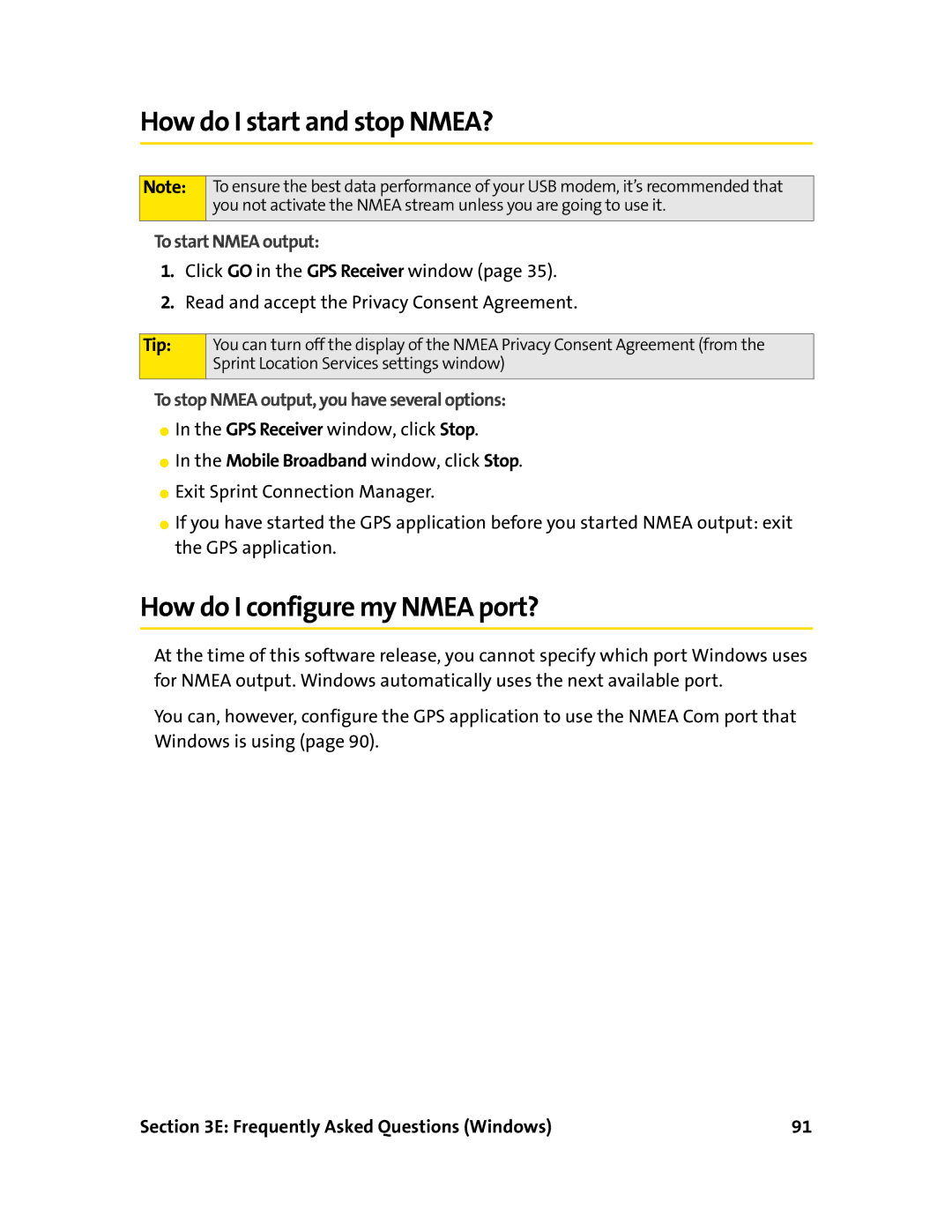 Sprint Nextel 595U manual How do I start and stop NMEA?, How do I configure my Nmea port?, To start Nmea output 