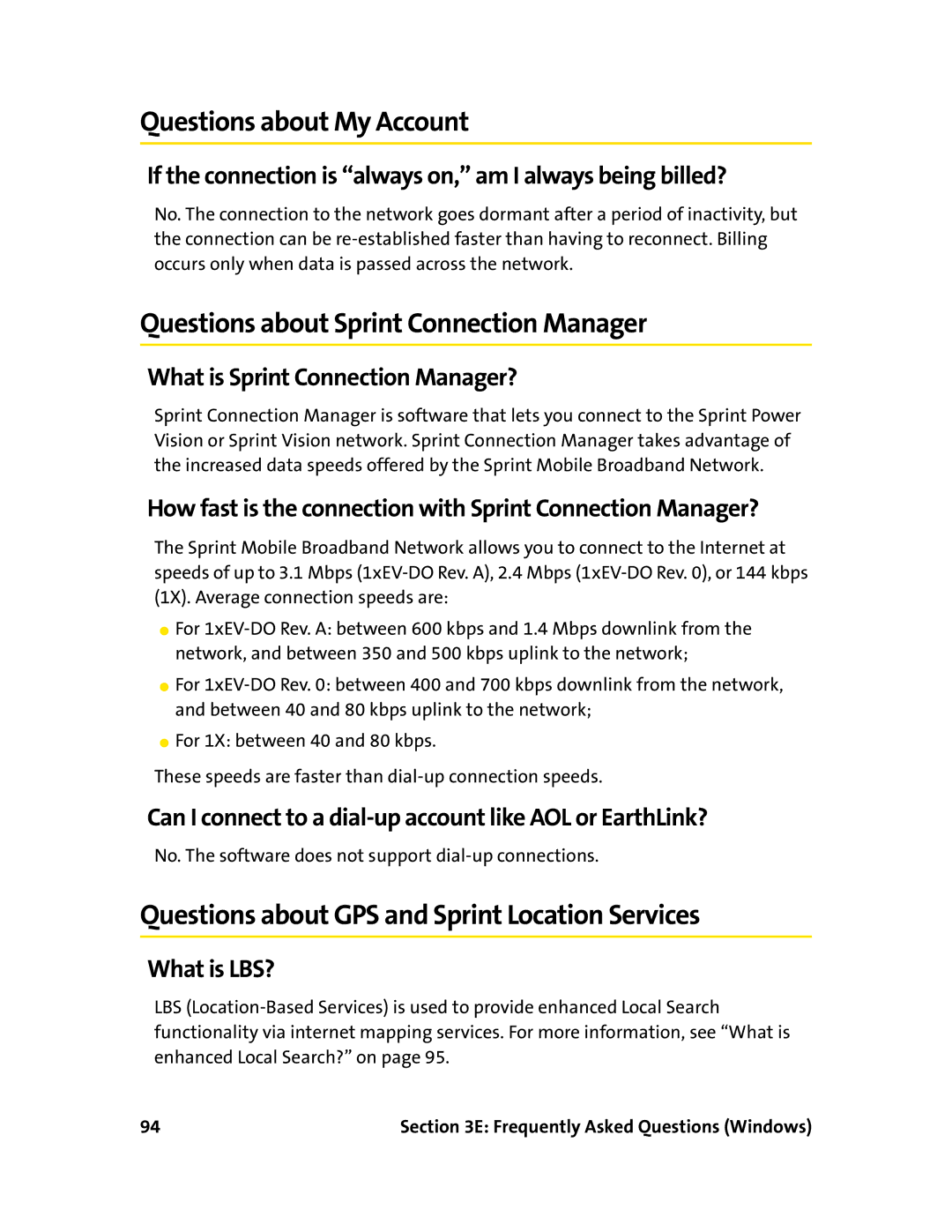 Sprint Nextel 597E manual Questions about My Account, Questions about Sprint Connection Manager 