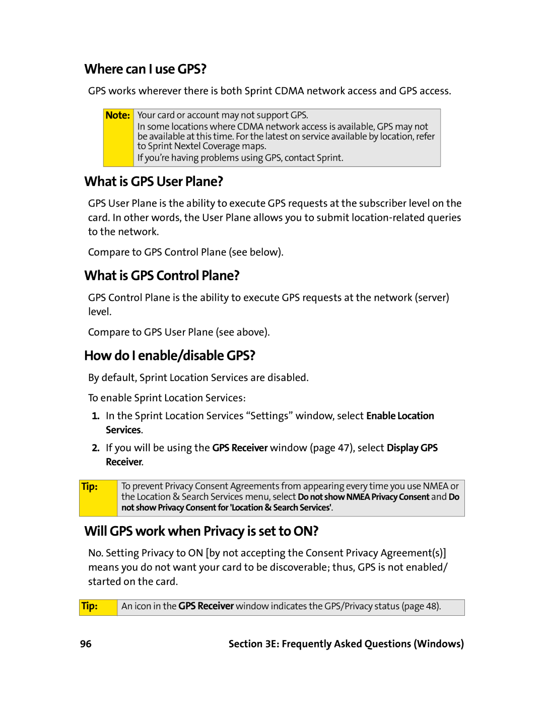 Sprint Nextel 597E Where can I use GPS?, What is GPS User Plane?, What is GPS Control Plane?, How do I enable/disable GPS? 