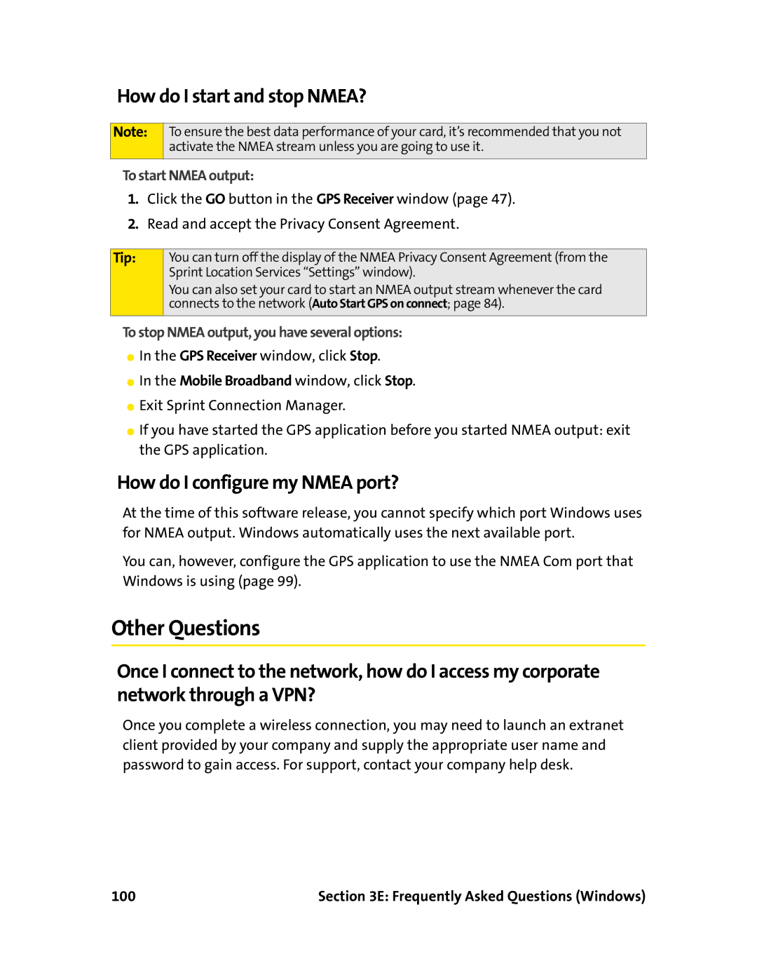 Sprint Nextel 597E Other Questions, How do I start and stop NMEA?, How do I configure my Nmea port?, To start Nmea output 