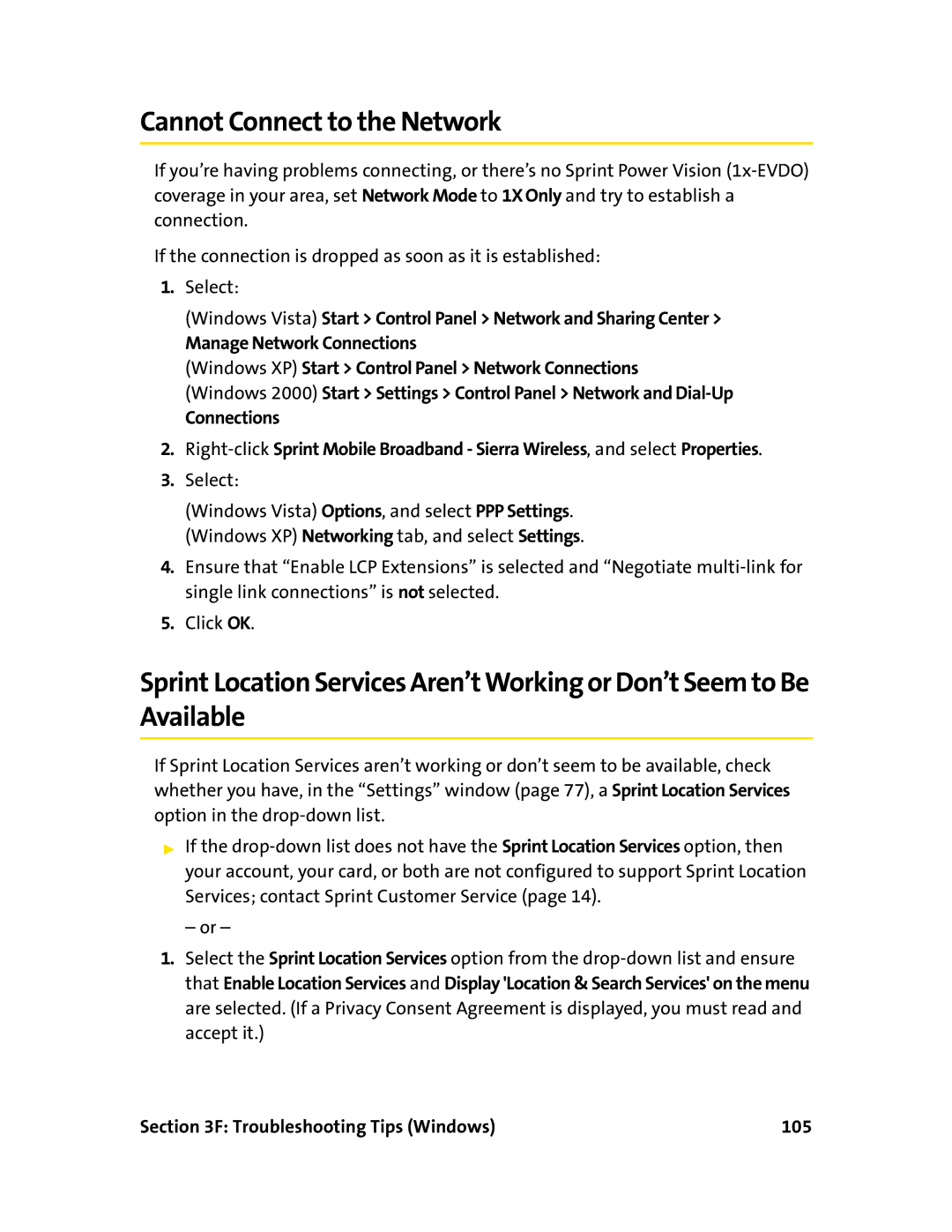 Sprint Nextel 597E manual Cannot Connect to the Network, Troubleshooting Tips Windows 105 