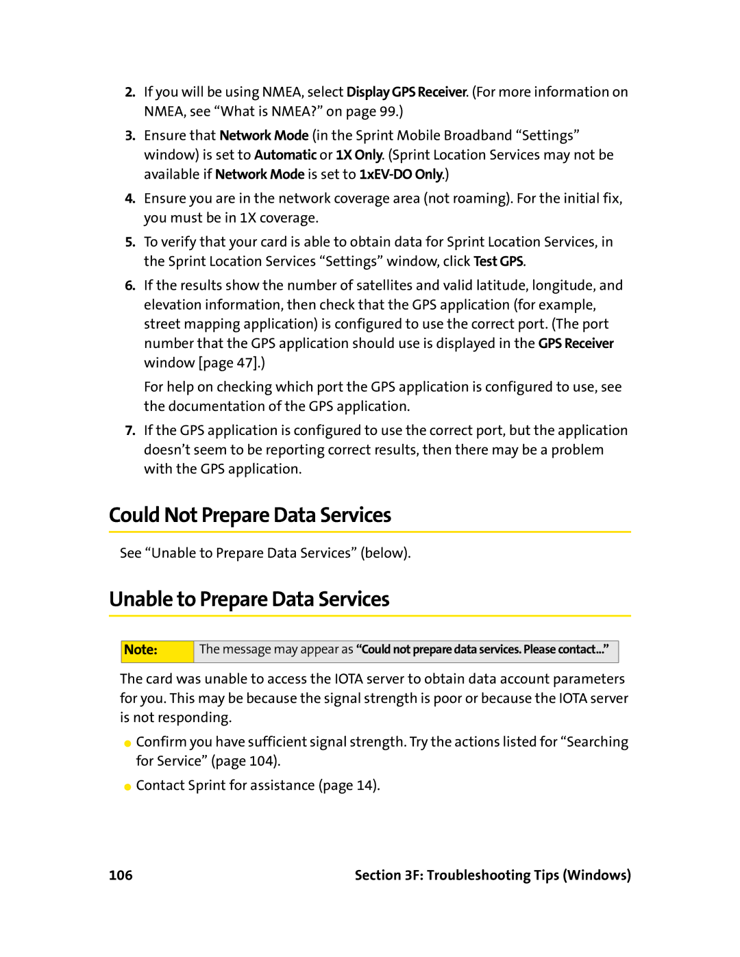 Sprint Nextel 597E manual Could Not Prepare Data Services, Unable to Prepare Data Services 