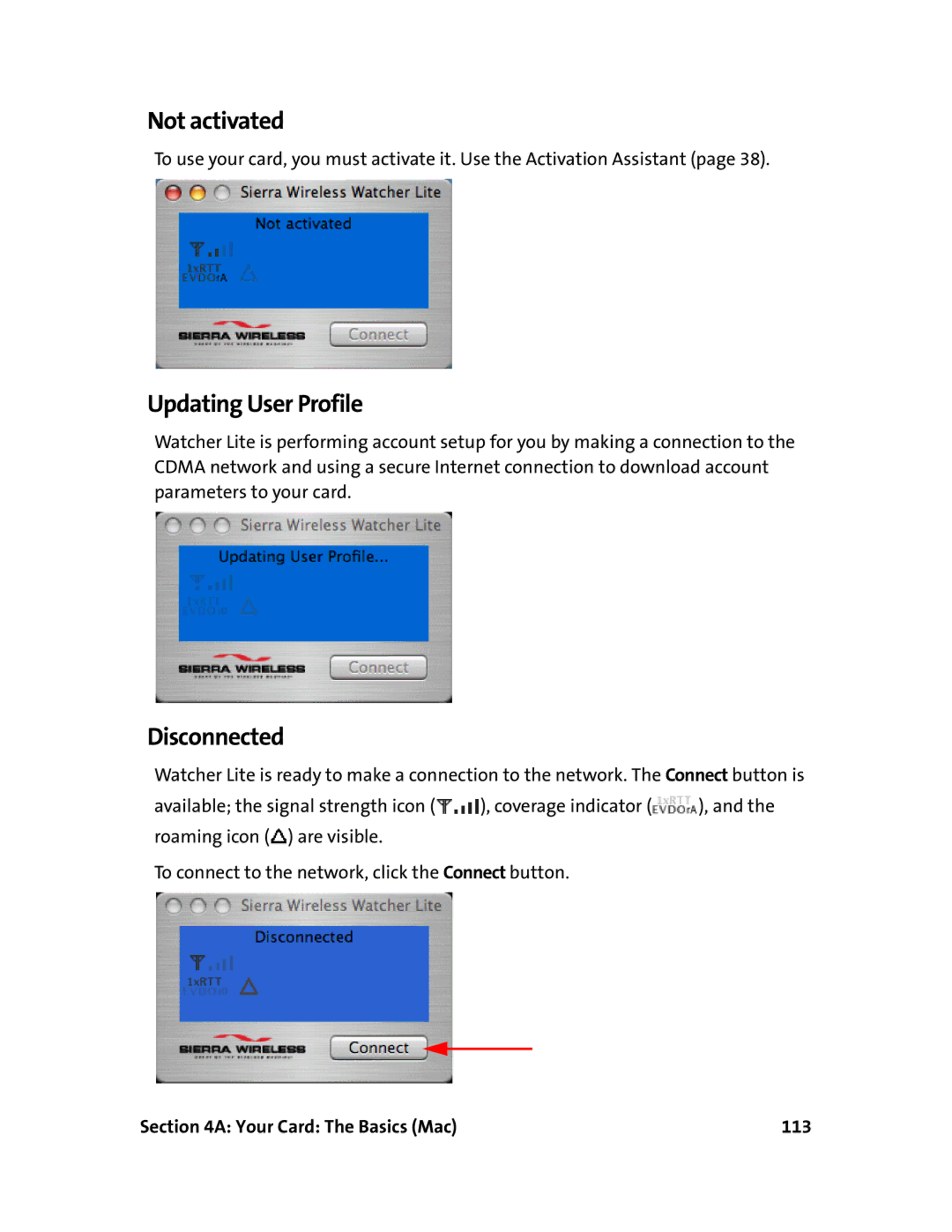 Sprint Nextel 597E manual Not activated, Updating User Profile, Your Card The Basics Mac 113 