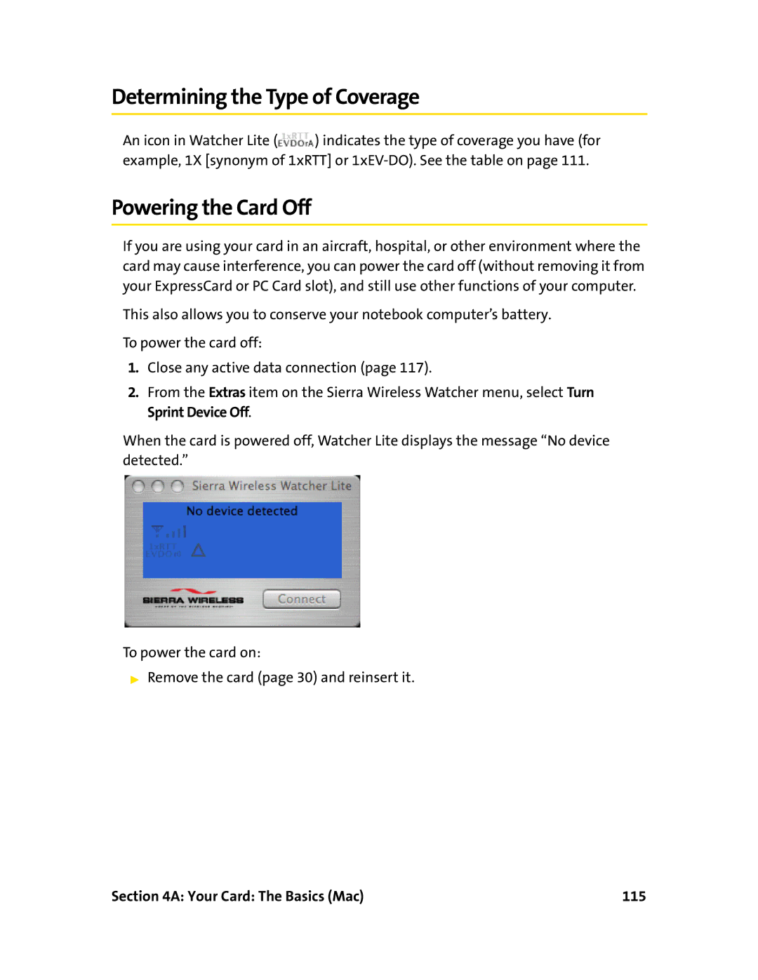 Sprint Nextel 597E manual Powering the Card Off, Your Card The Basics Mac 115 