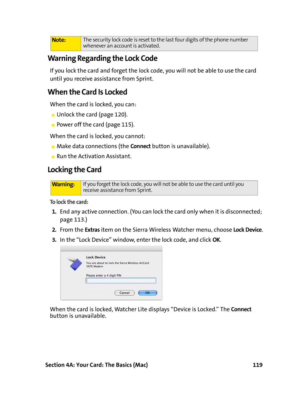 Sprint Nextel 597E manual To lock the card, Your Card The Basics Mac 119 