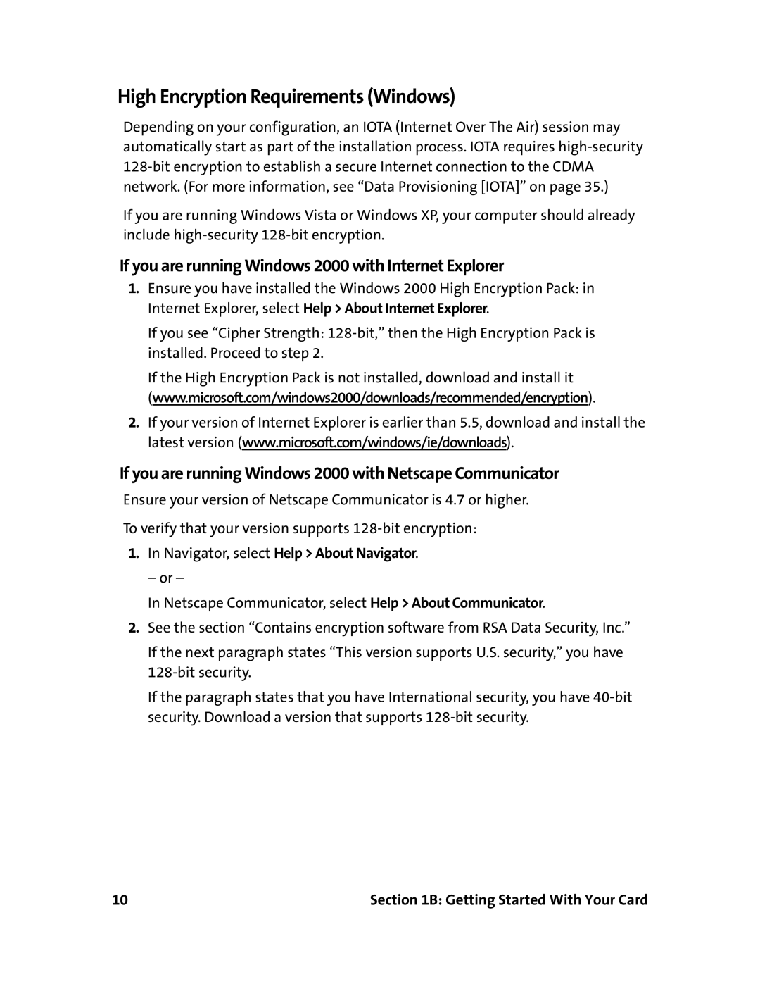 Sprint Nextel 597E manual High Encryption Requirements Windows, If you are running Windows 2000 with Internet Explorer 