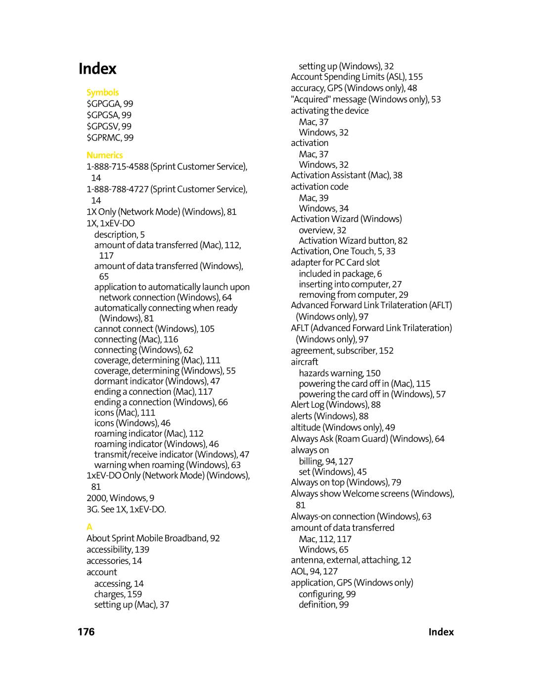 Sprint Nextel 597E manual Index, 176 