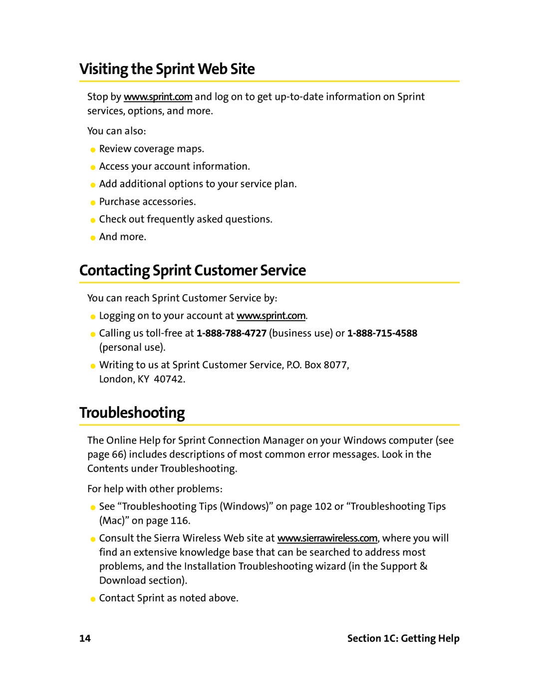 Sprint Nextel 597E manual Visiting the Sprint Web Site, Contacting Sprint Customer Service, Troubleshooting 