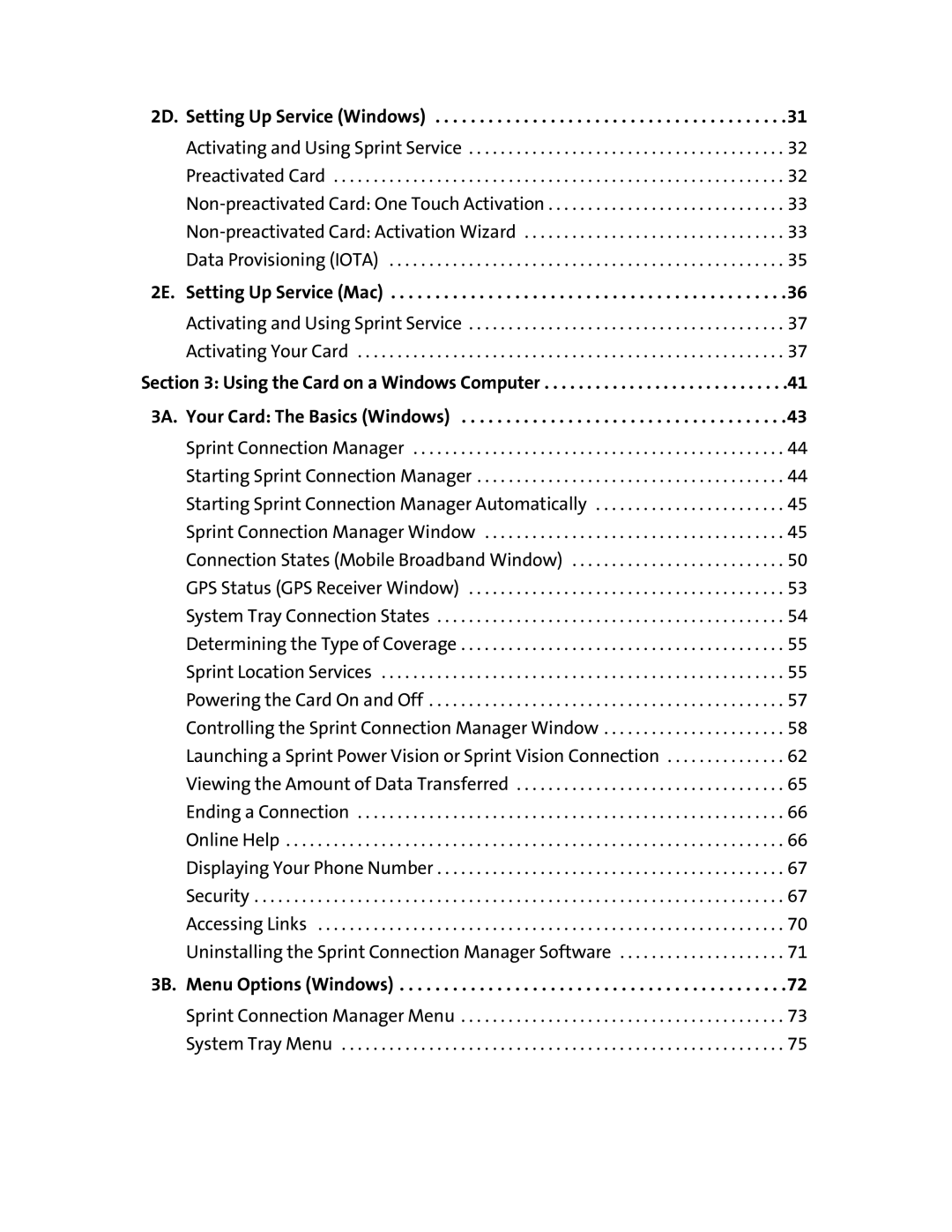 Sprint Nextel 597E manual 2D. Setting Up Service Windows, 2E. Setting Up Service Mac, 3B. Menu Options Windows 