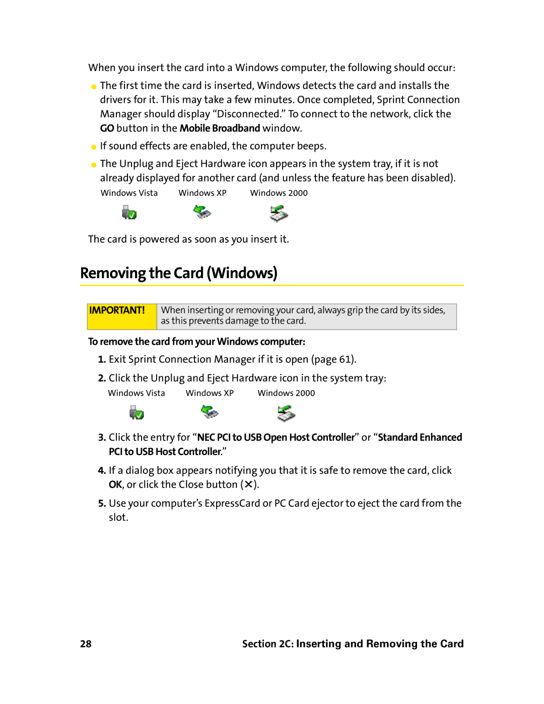 Sprint Nextel 597E manual Removing the Card Windows, To remove the card from your Windows computer 