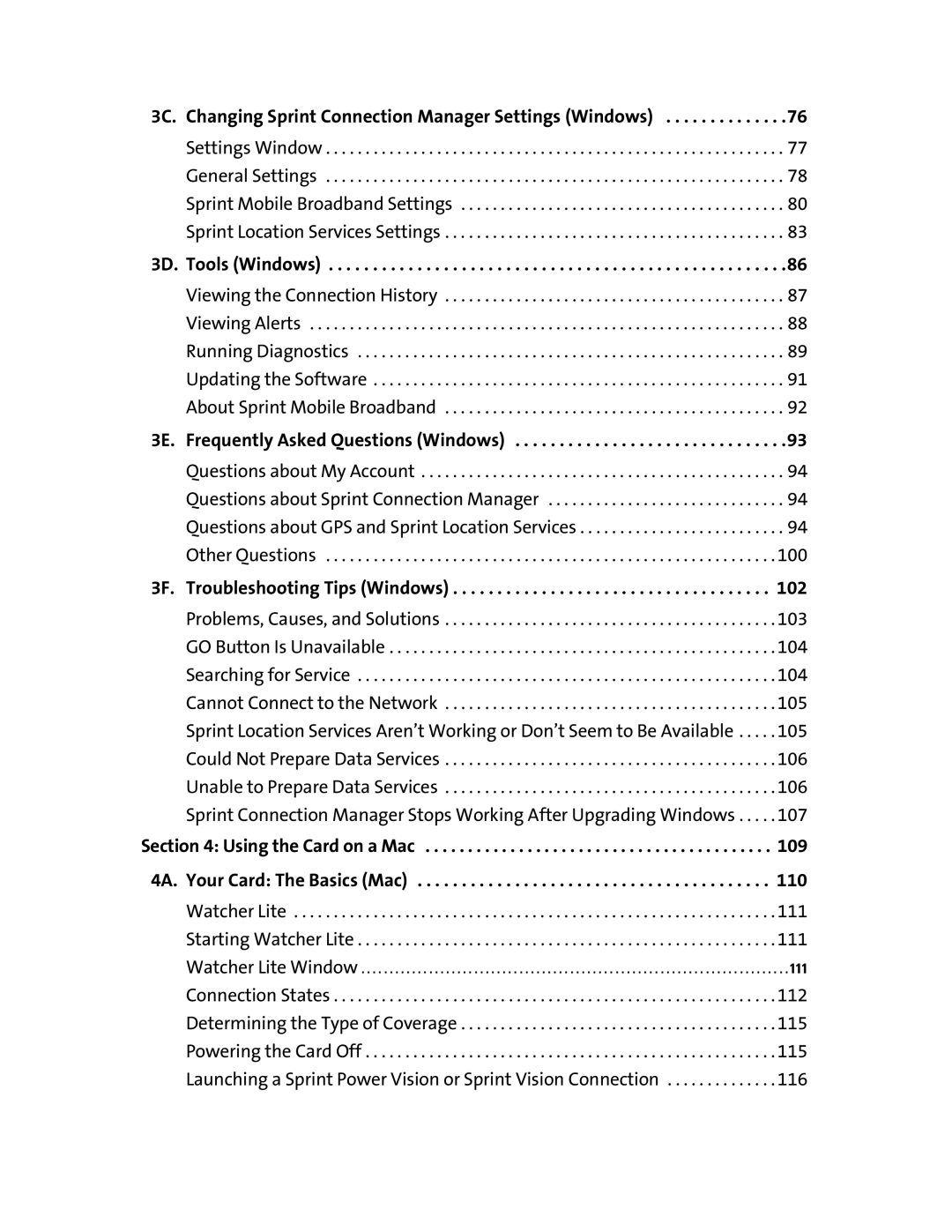 Sprint Nextel 597E 3D. Tools Windows, 3E. Frequently Asked Questions Windows, 3F. Troubleshooting Tips Windows, 109, 110 