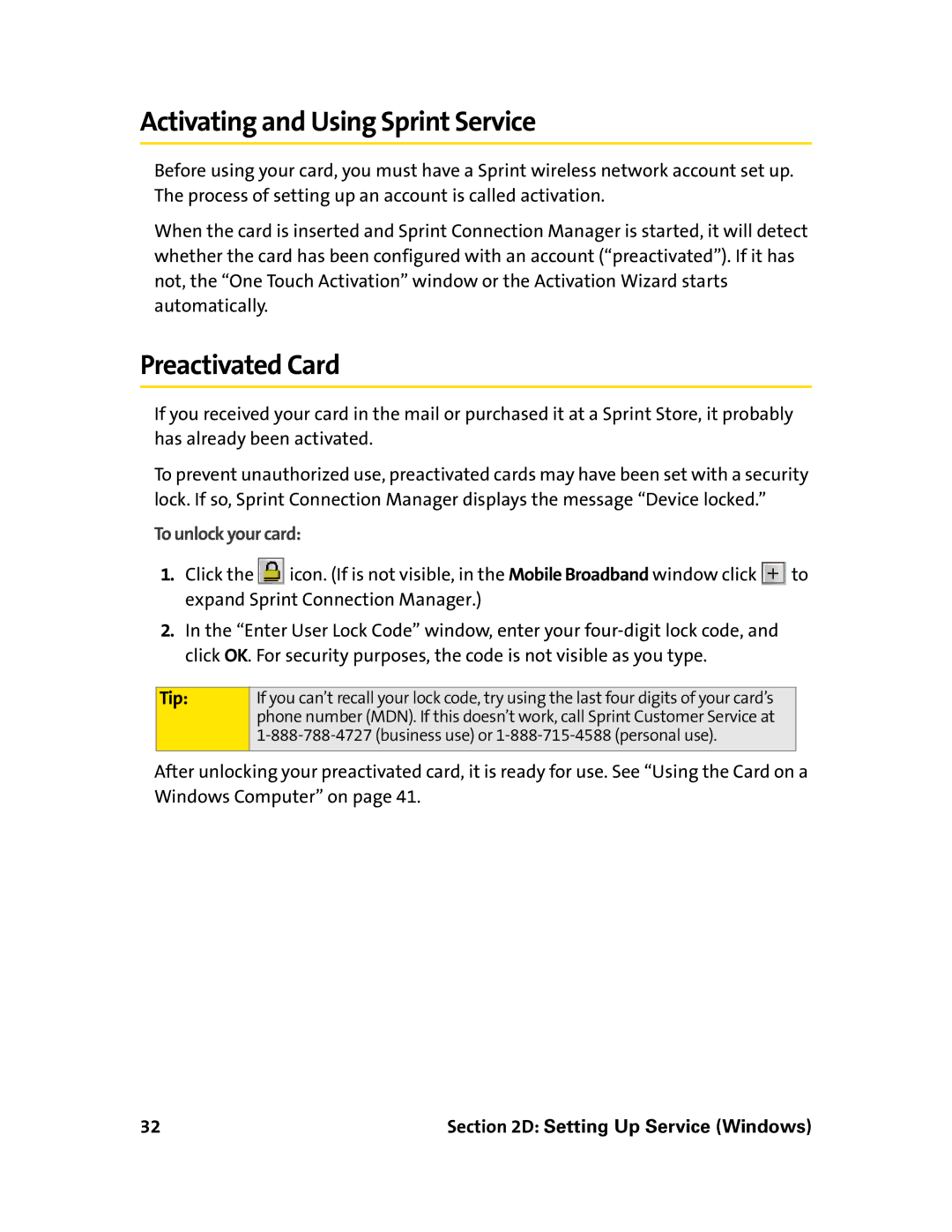 Sprint Nextel 597E manual Activating and Using Sprint Service, Preactivated Card, To unlock your card 