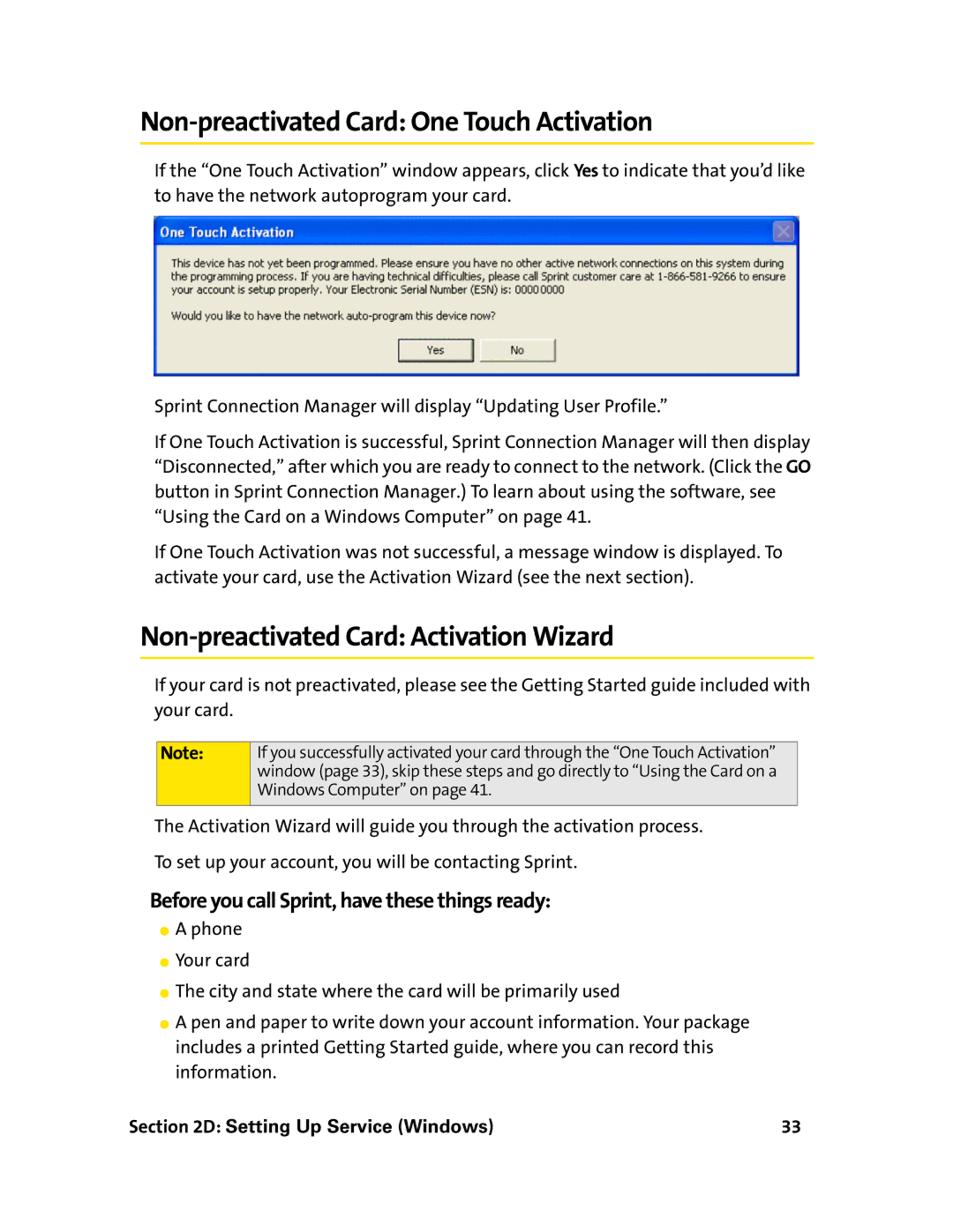 Sprint Nextel 597E manual Non-preactivated Card One Touch Activation, Non-preactivated Card Activation Wizard 