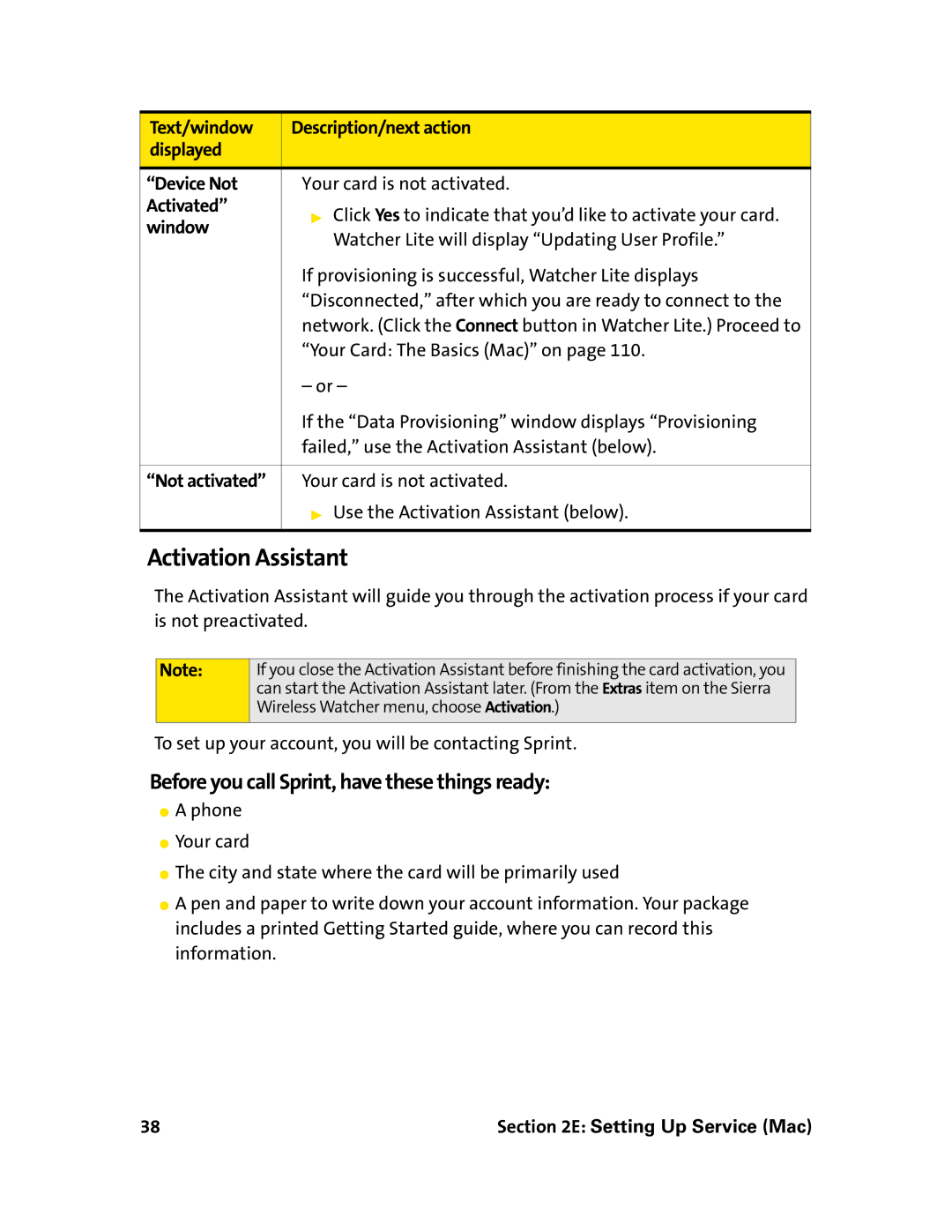 Sprint Nextel 597E manual Activation Assistant, Text/window Description/next action Displayed Device Not, Activated, Window 