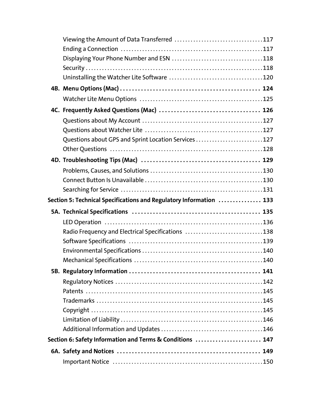 Sprint Nextel 597E manual 4B. Menu Options Mac, 4C. Frequently Asked Questions Mac, 4D. Troubleshooting Tips Mac, 133, 135 
