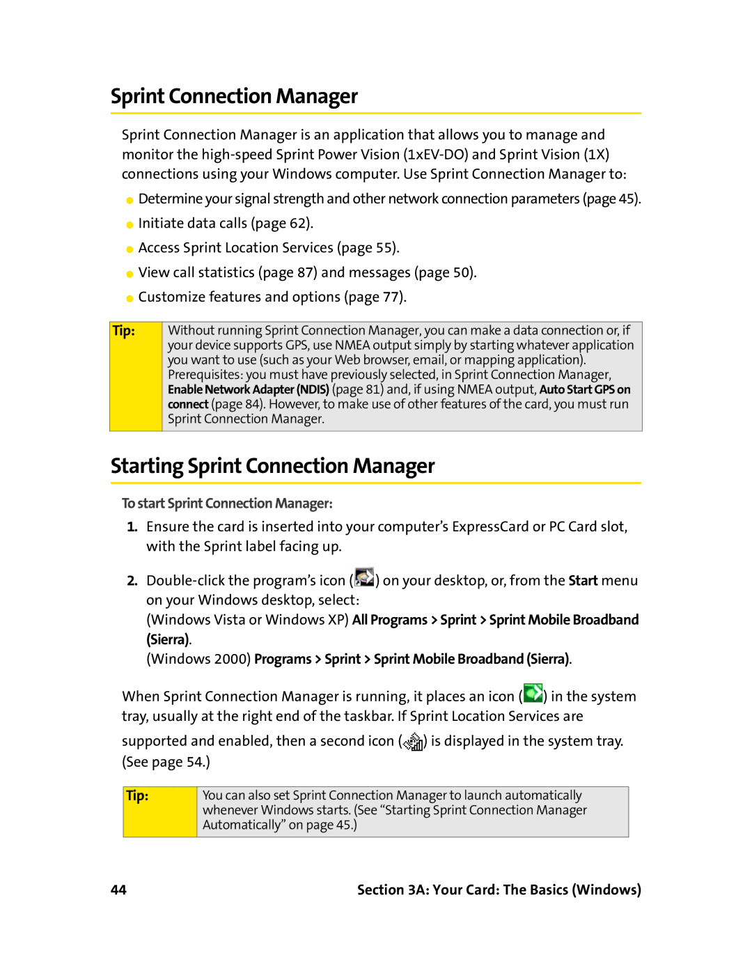 Sprint Nextel 597E manual Starting Sprint Connection Manager, To start Sprint Connection Manager 