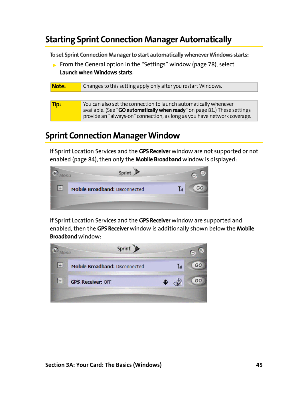 Sprint Nextel 597E manual Starting Sprint Connection Manager Automatically, Sprint Connection Manager Window 