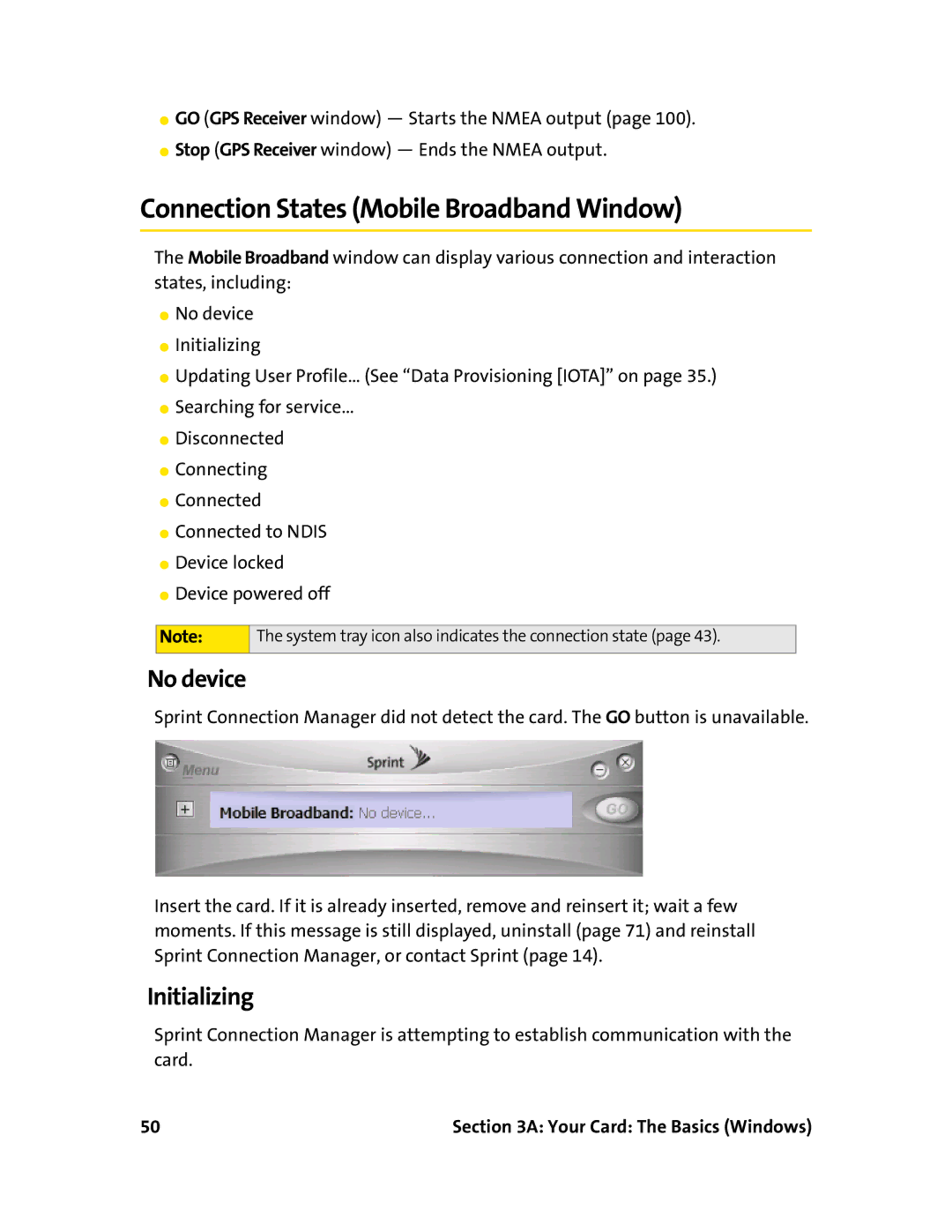 Sprint Nextel 597E manual Connection States Mobile Broadband Window, No device, Initializing 