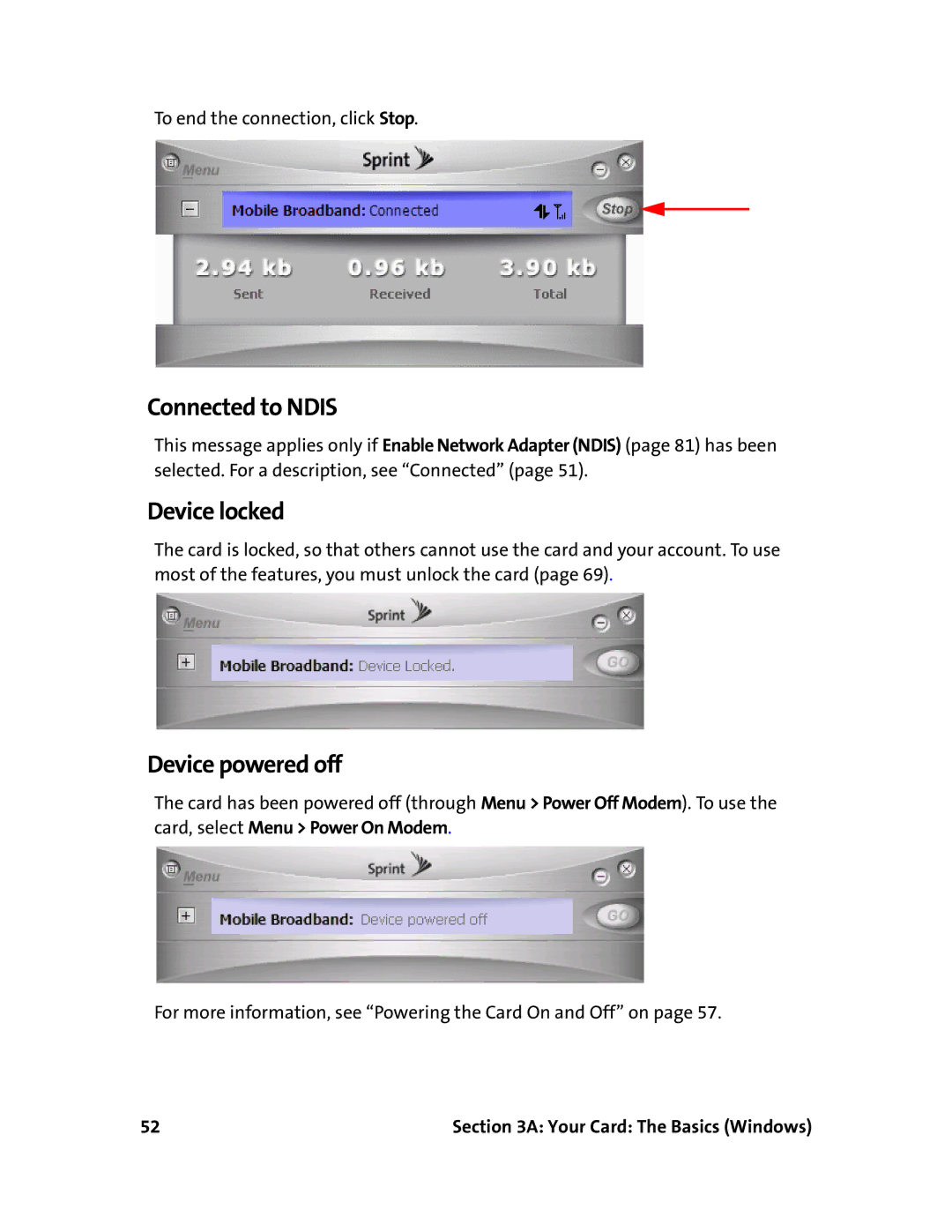 Sprint Nextel 597E manual Connected to Ndis, Device locked, Device powered off 