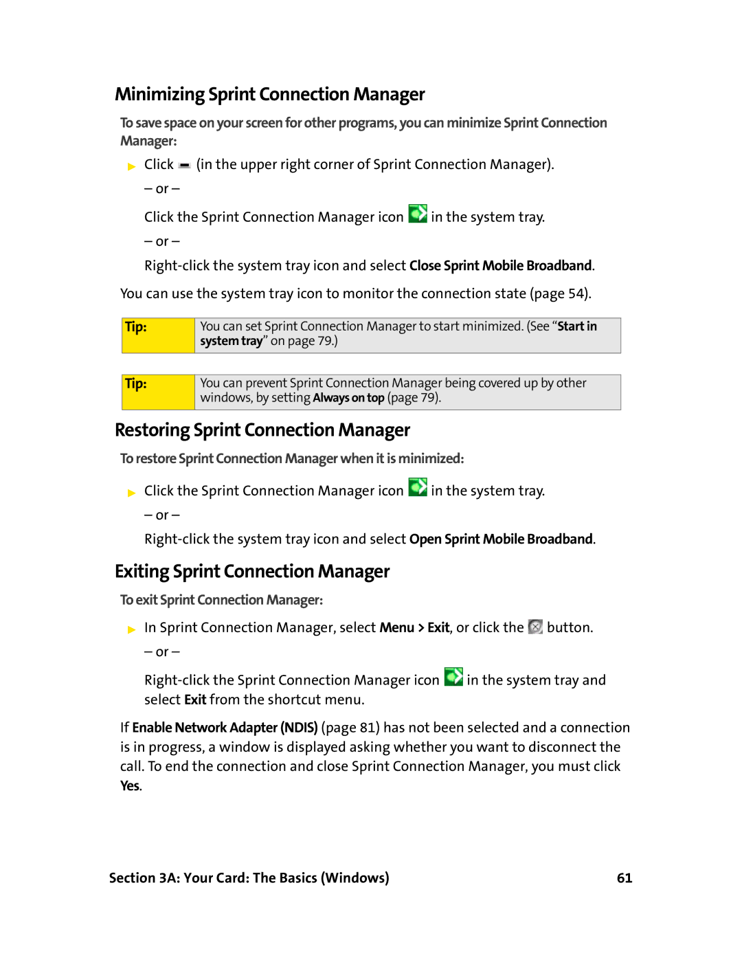 Sprint Nextel 597E manual Minimizing Sprint Connection Manager, Restoring Sprint Connection Manager 