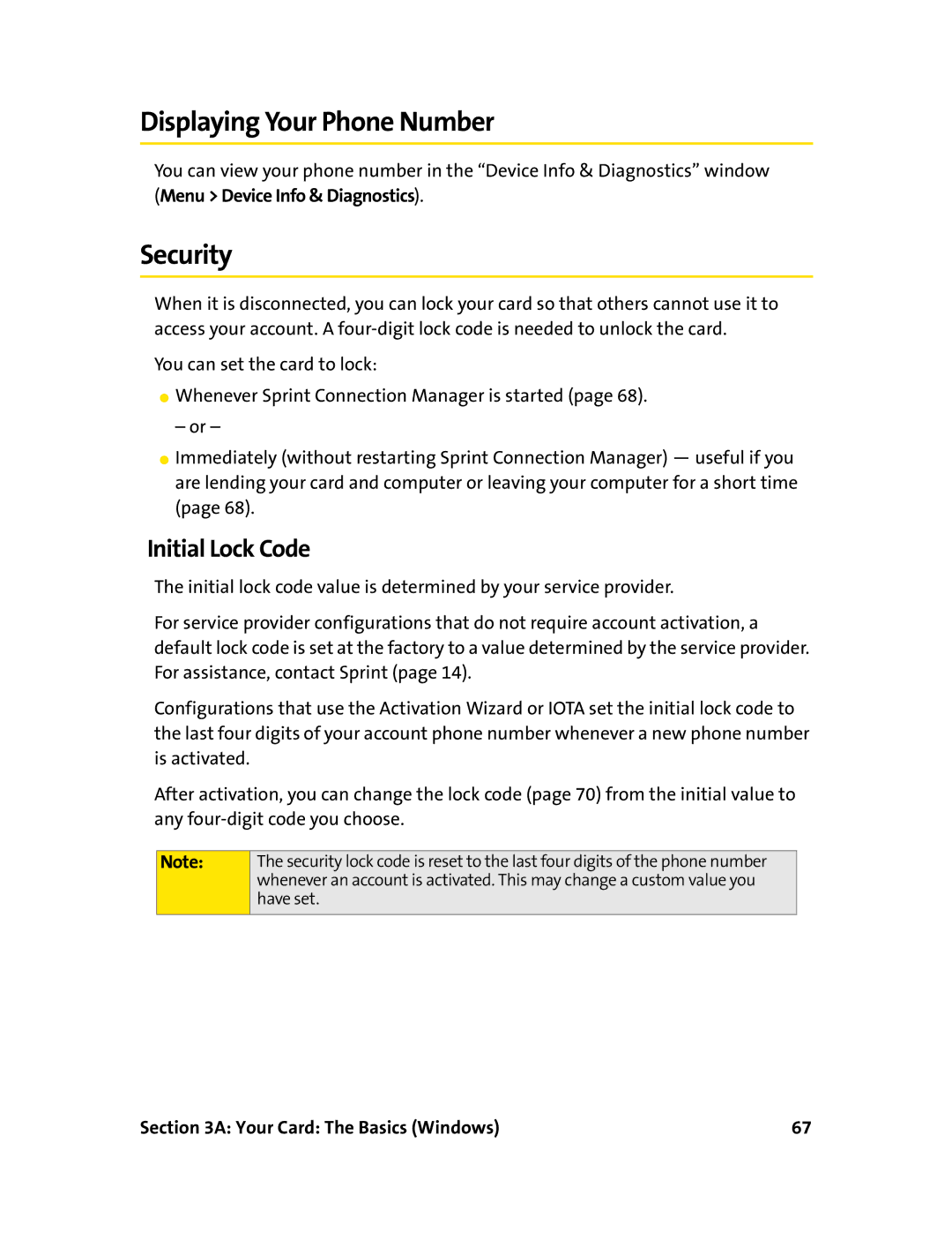Sprint Nextel 597E manual Displaying Your Phone Number, Security, Initial Lock Code 