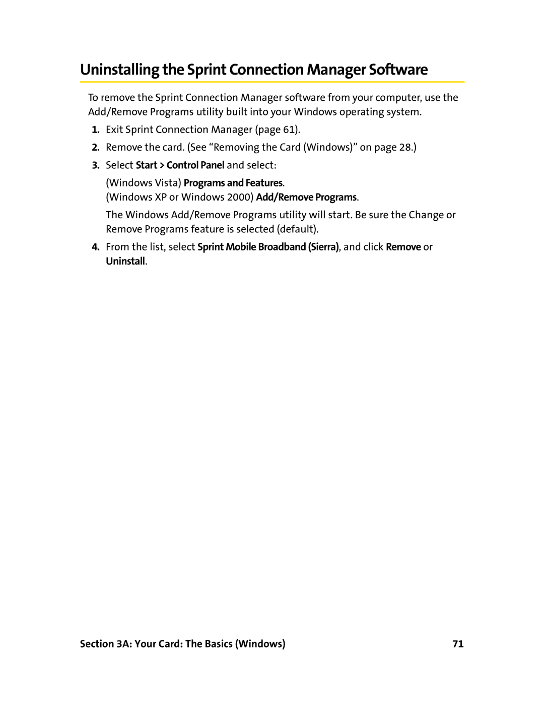 Sprint Nextel 597E manual Uninstalling the Sprint Connection Manager Software 