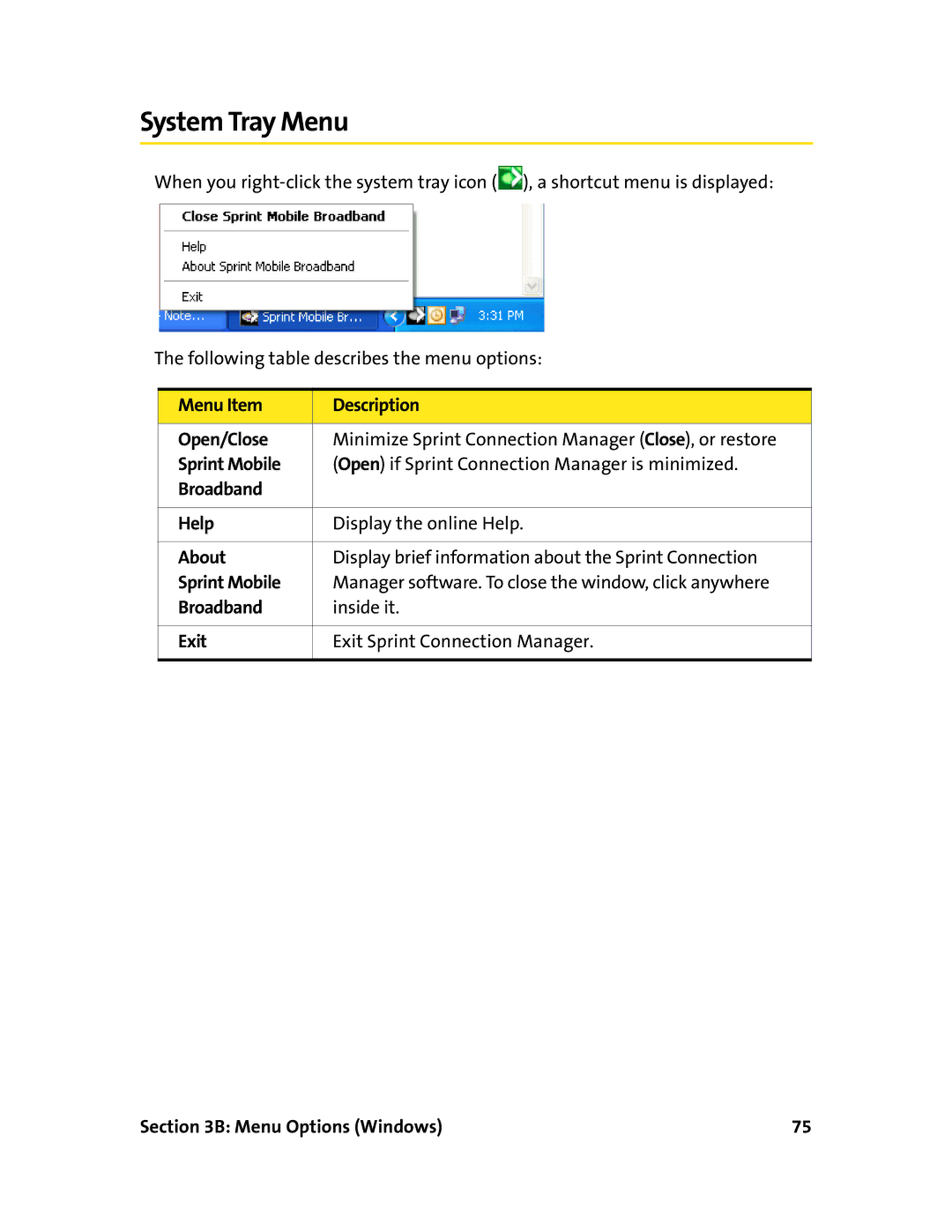 Sprint Nextel 597E manual System Tray Menu 